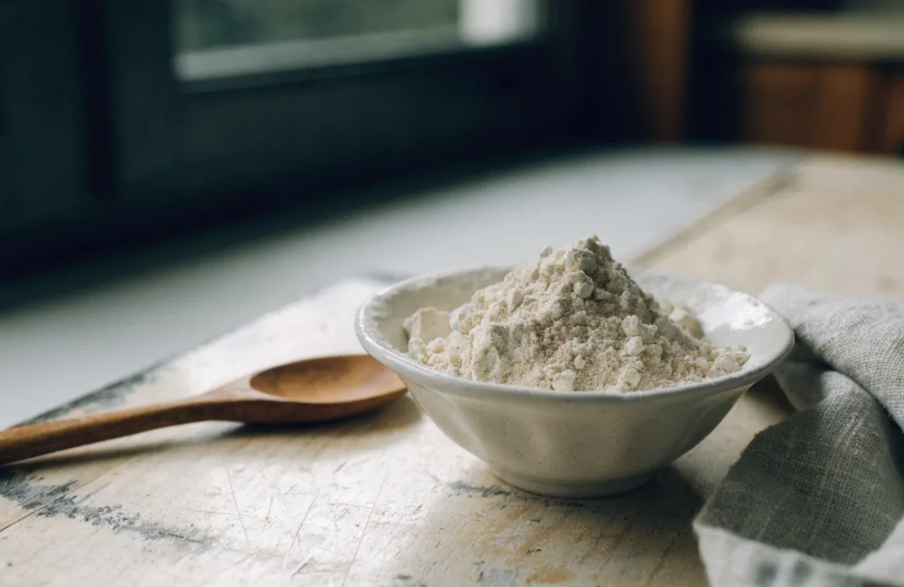Gluten de trigo vital en polvo, beige claro y de aspecto fibroso, en un cuenco pequeño sobre una encimera de madera