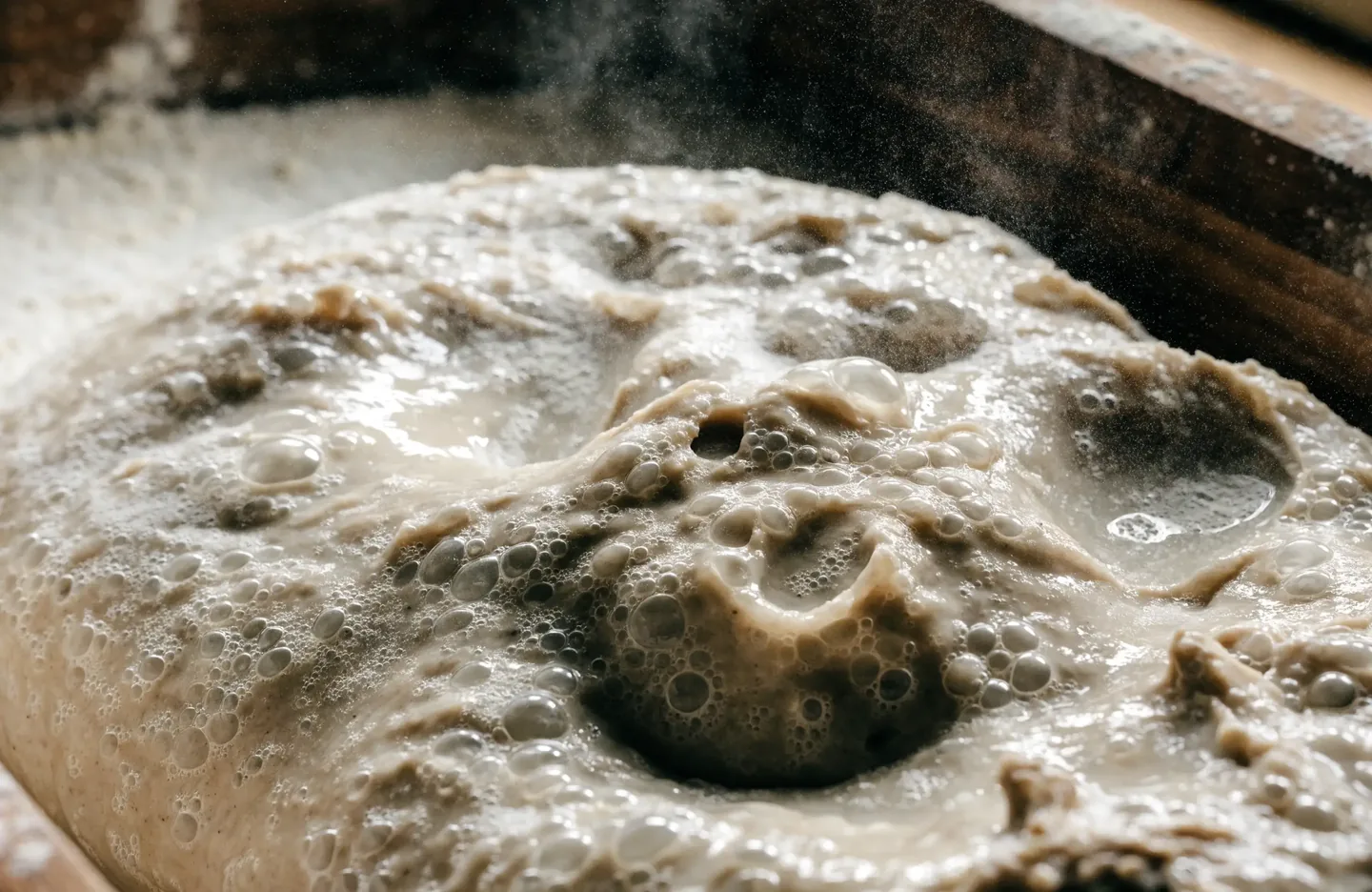 Glossy high hydration dough full of bubbles resting in a floured wooden trough