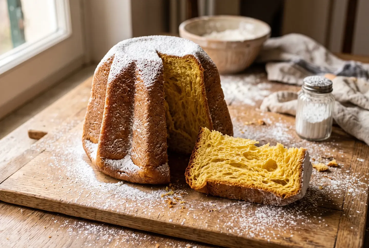 Golden eight-pointed star-shaped pandoro dusted with icing sugar, a cut slice showing the yellow, airy crumb full of stringy strands