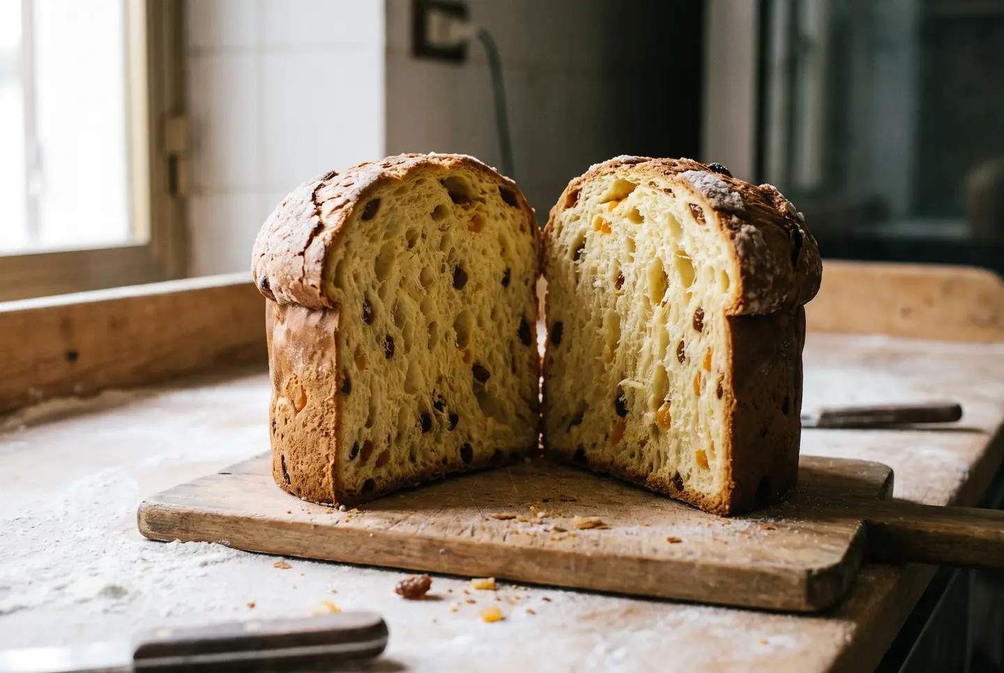 Panettone cut in half on a wooden board, showing the tall cracked dome and the yellow stringy crumb studded with raisins and candied fruit