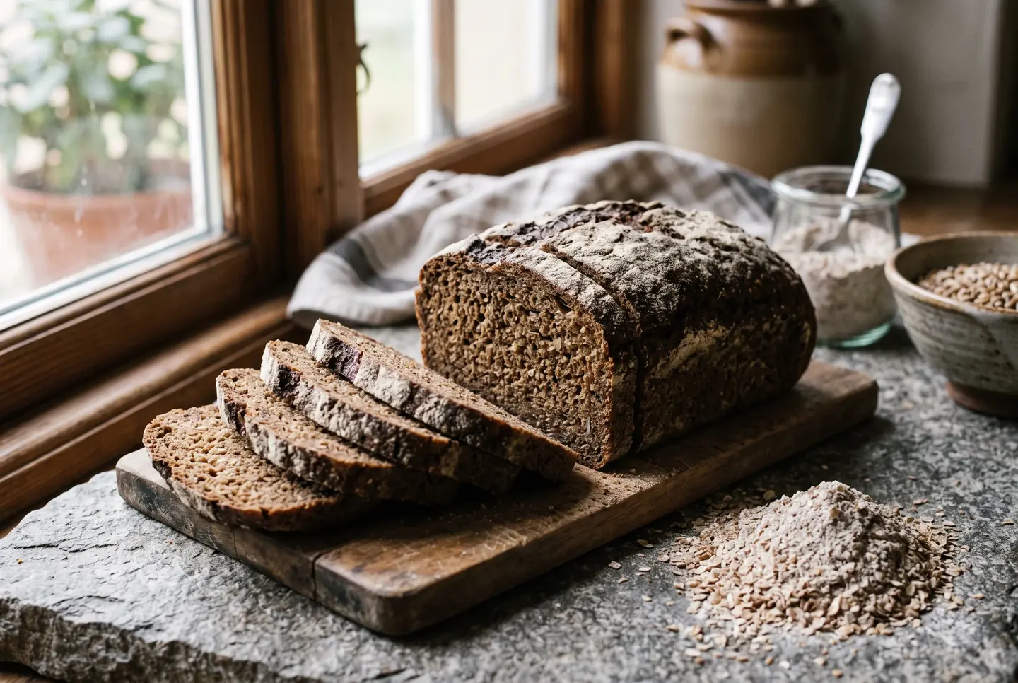 Sliced rye tin loaf on grey stone, showing a dark, close and moist crumb, next to rye flour with visible bran