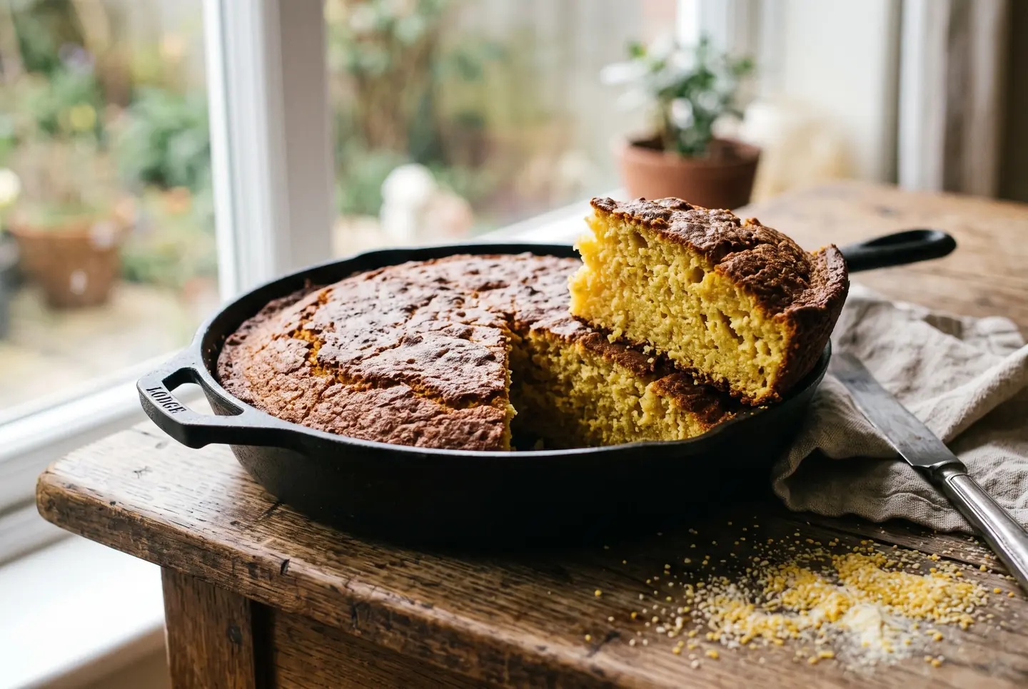 Golden corn bread baked in a cast-iron skillet, cut into a triangular wedge that shows the moist yellow crumb and the dark crust on the base.