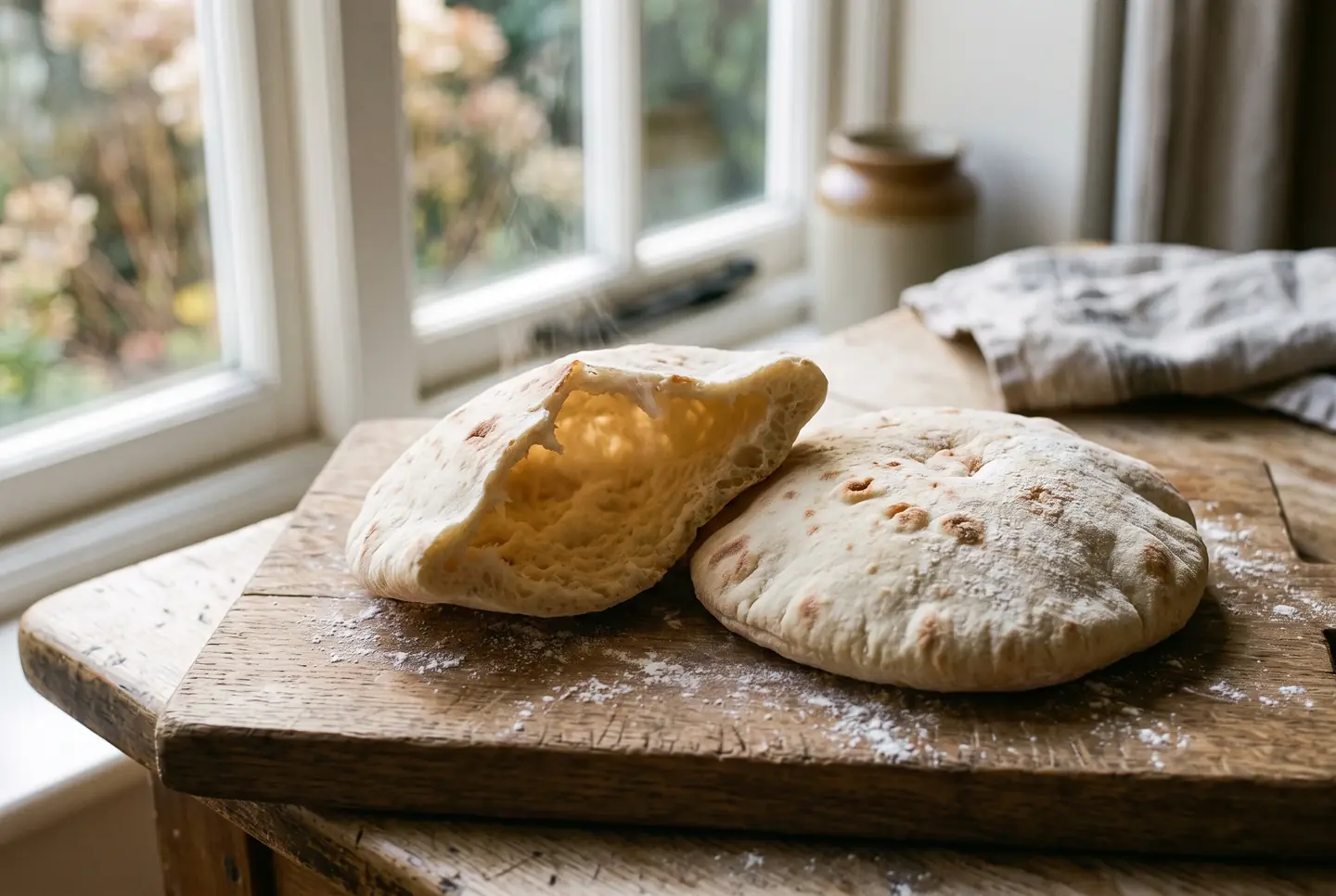 Pita bread torn open on a wooden board, showing the steam pocket inside and a pale surface with a few golden spots