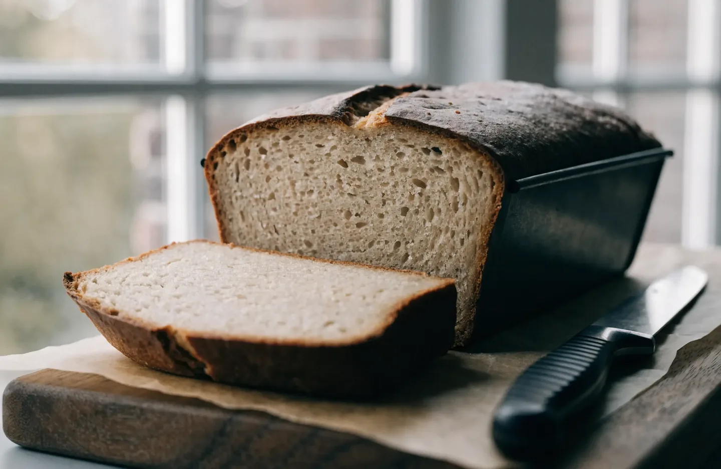 Gluten-free loaf baked in a tin and sliced, showing a moist crumb with small even bubbles and a firm crust