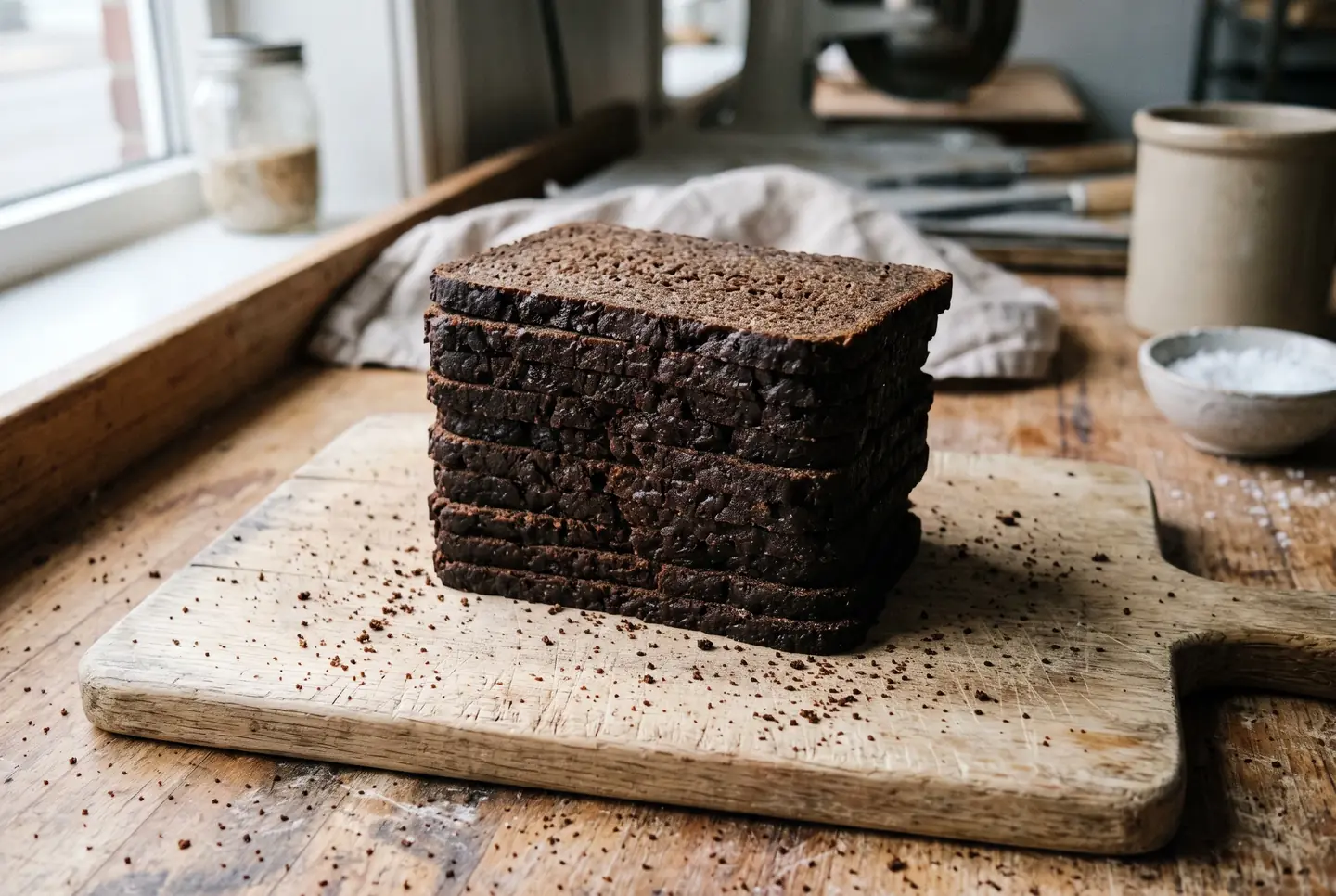 Thin slices of dark, almost black pumpernickel stacked on a pale wooden board, with a dense, moist, holeless crumb