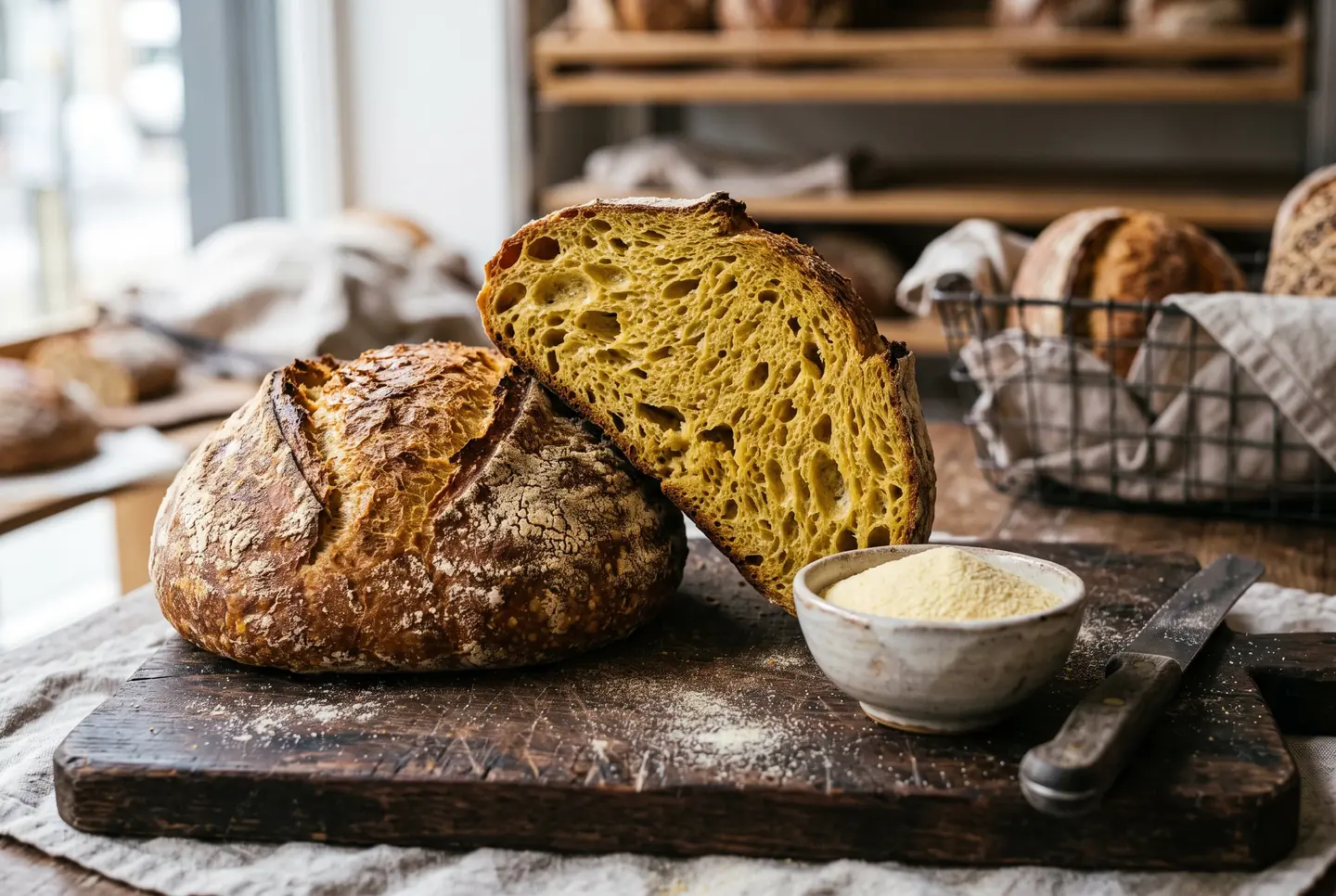 Round semolina loaf cut open on a dark board, showing a deep golden crumb and thick crust, next to a bowl of fine semolina