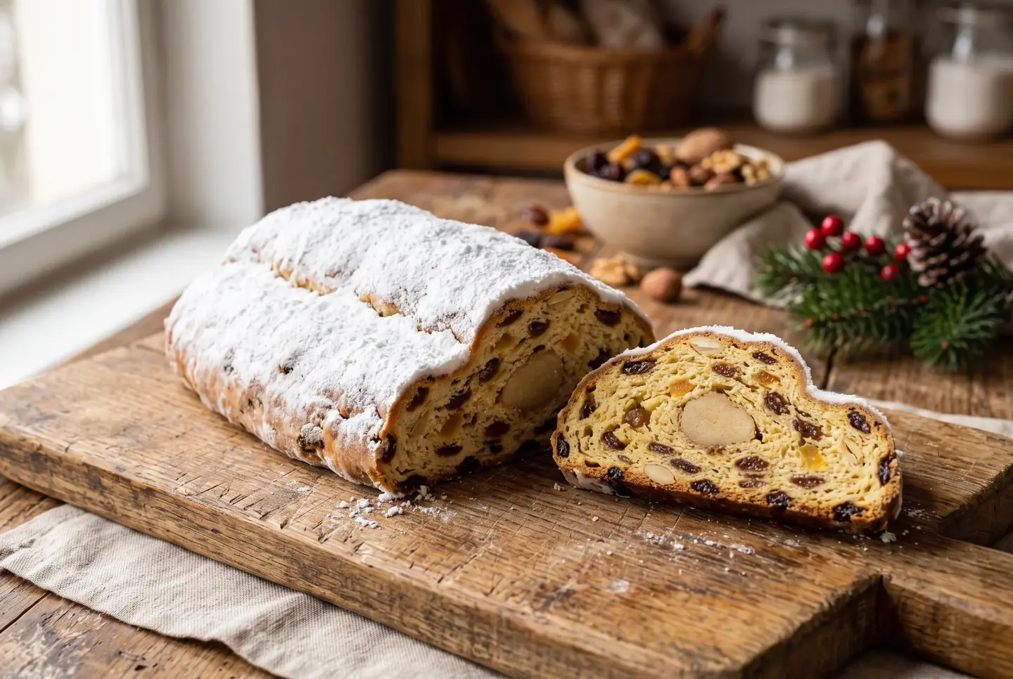 Sliced stollen on a wooden board, with the thick shell of icing sugar outside and the dense crumb full of raisins and candied fruit