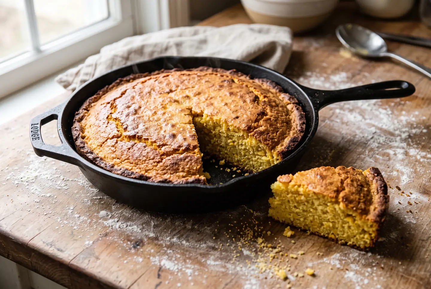 A round of golden cornbread in a black cast iron skillet by a window, one wedge cut out and set beside it to show the moist yellow crumb, cornmeal dusted across the counter