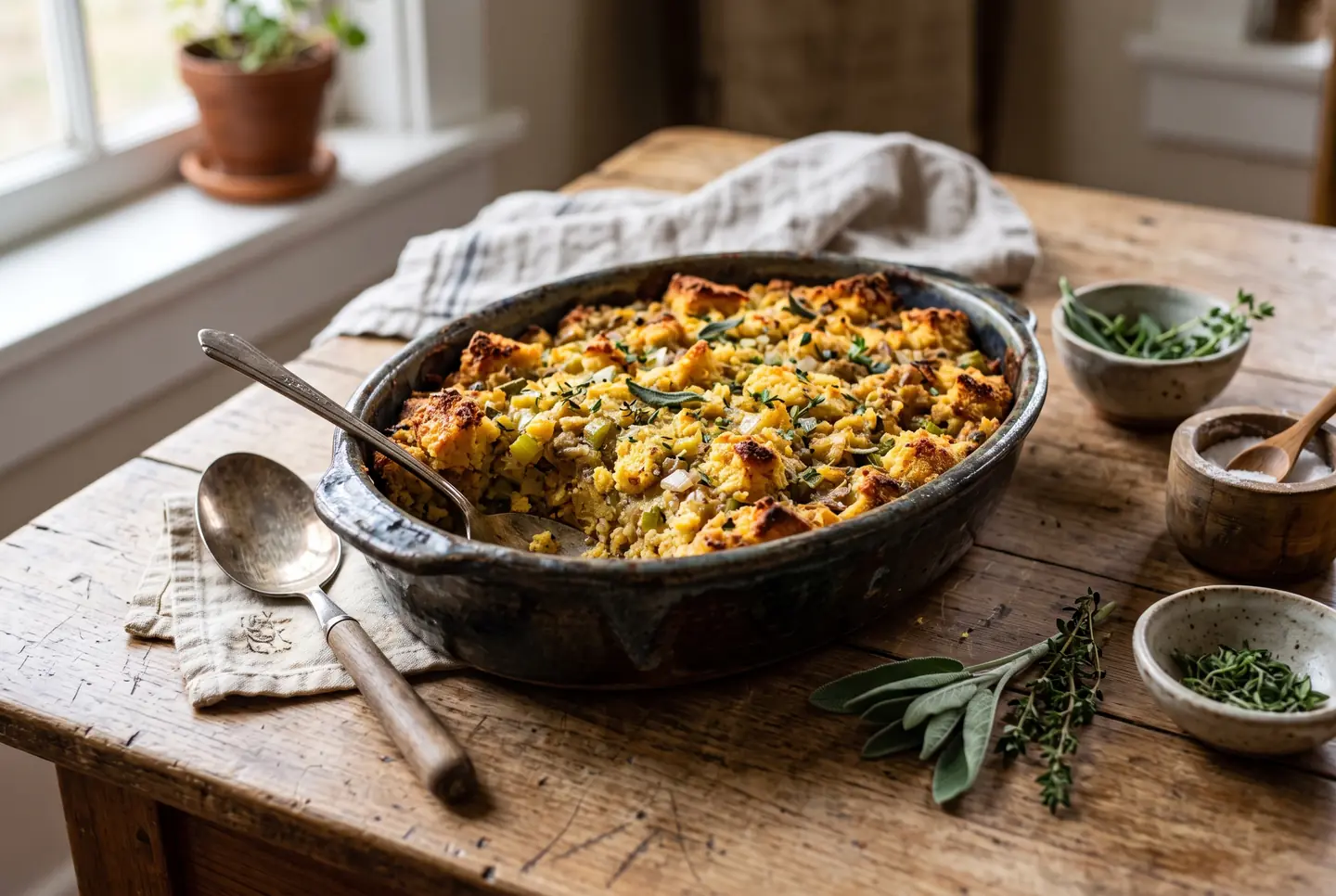 An oval dish of cornbread dressing with a crusty golden top flecked with sage and thyme, a serving spoon resting in it, small bowls of herbs and salt around it by a window