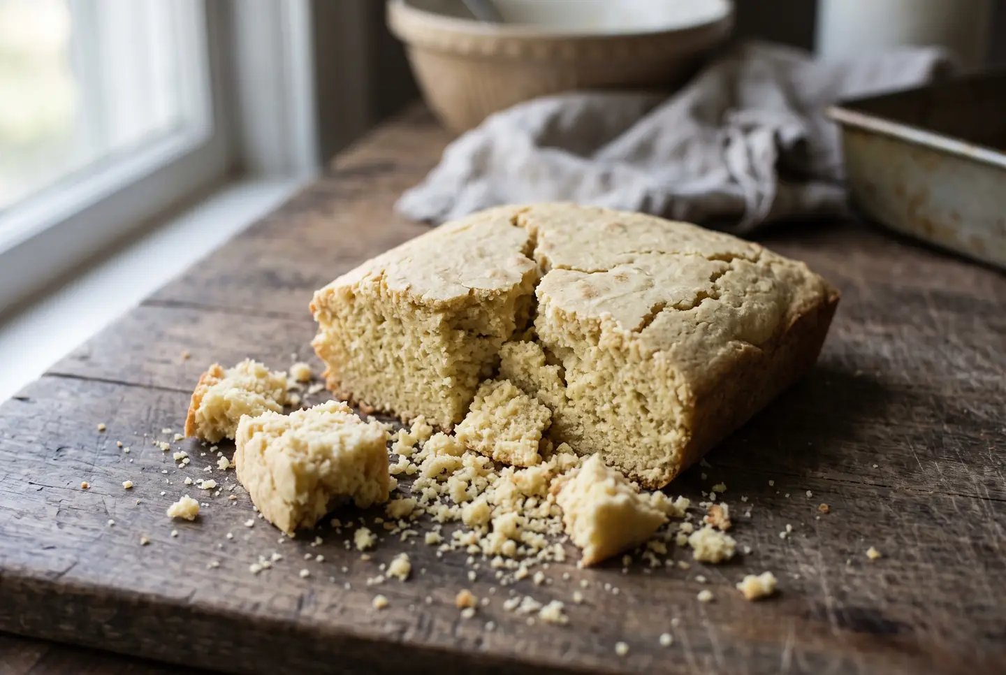 A pale loaf of cornbread that has split and crumbled apart on a wooden board, dry coarse crumbs scattered around it and a dull, cracked crust, in soft window light with a mixing bowl behind