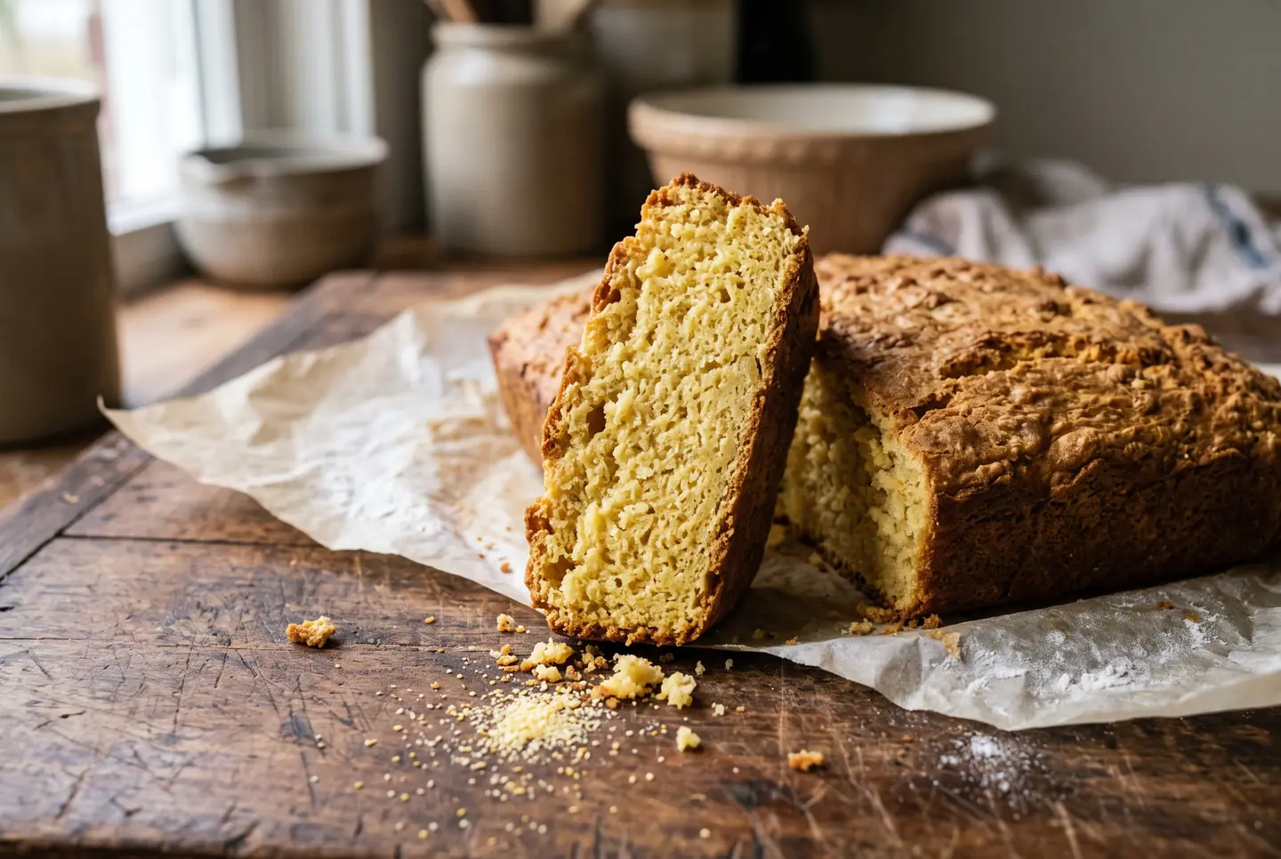 A golden loaf of cornbread with one thick wedge cut and standing upright, showing a tight, moist yellow crumb, a few crumbs scattered on a worn wooden board by a window