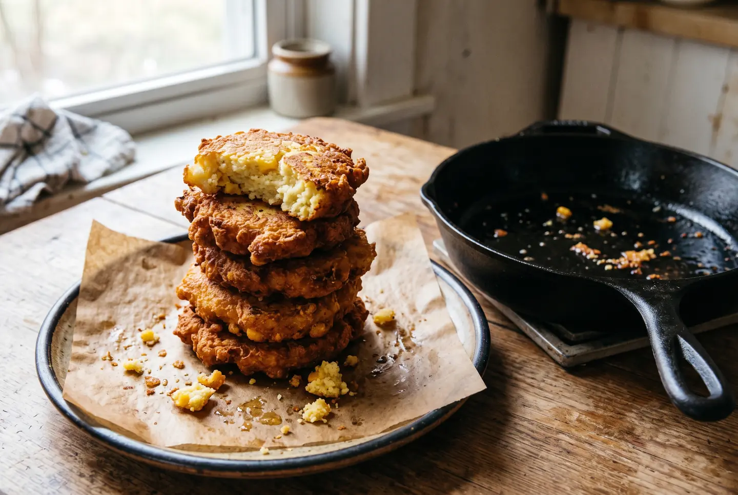 A stack of fried hot water cornbread cakes with crisp deep-golden edges and a pale soft center, on brown paper over a plate, next to a cast iron skillet with a film of oil