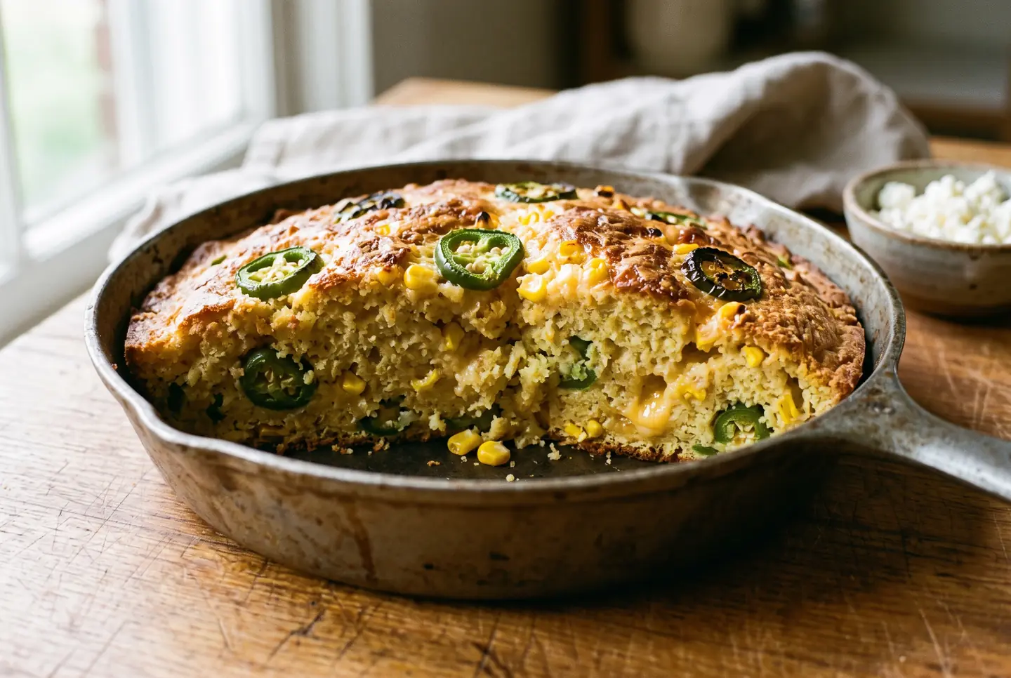 Cornbread baked in a skillet, studded with jalapeño slices, corn kernels and melted cheese, cut open to show a moist middle, a small bowl of crumbled cheese alongside
