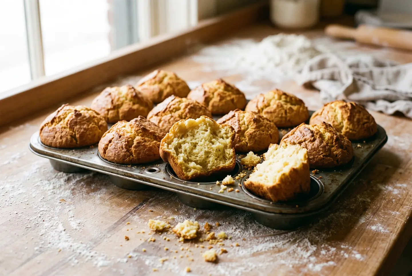 A tray of cornbread muffins with domed, crackly golden tops, one split open to show a fluffy pale-yellow crumb, on a floured counter by a window