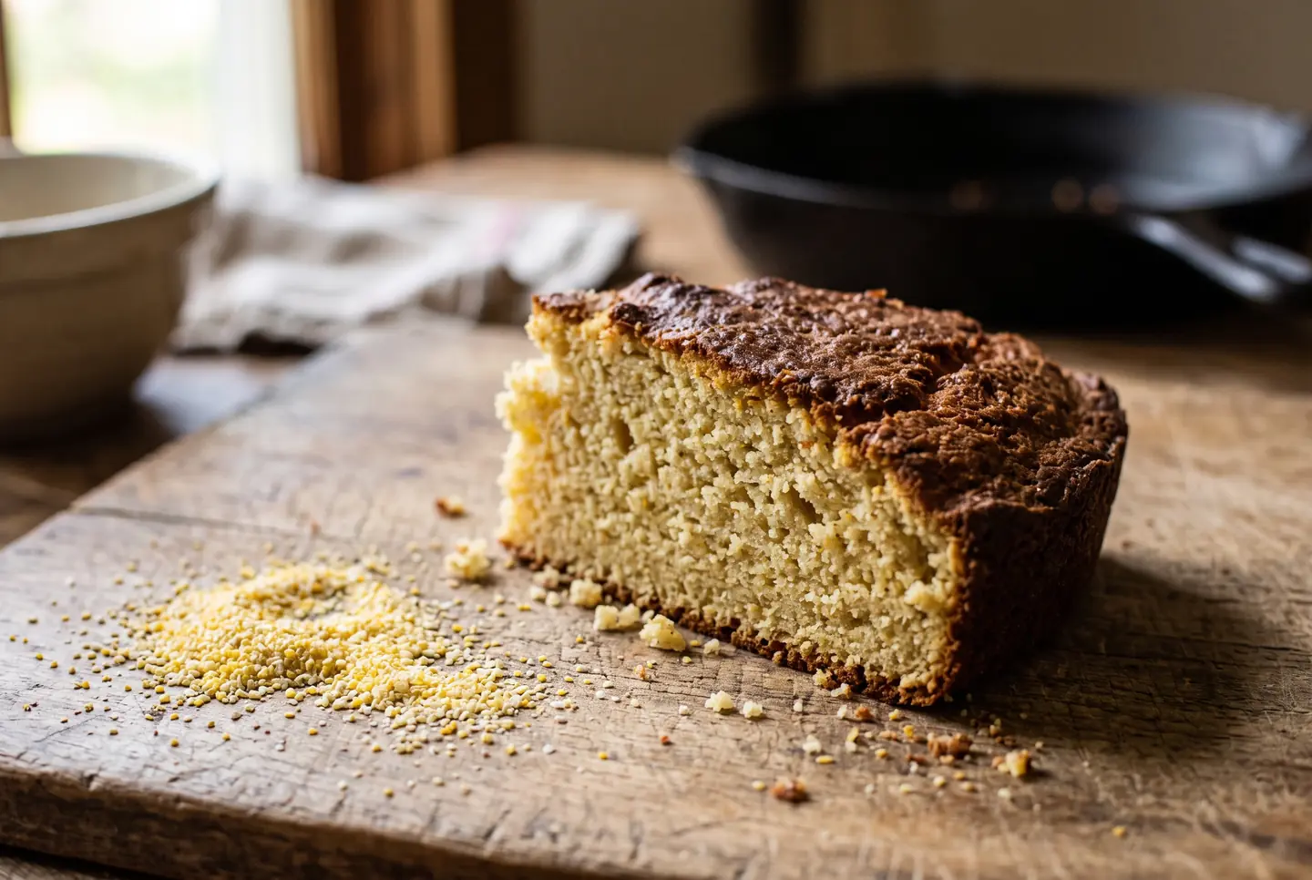A thick wedge of savory cornbread with a dark, crackly top and a dense pale-yellow crumb, on a wooden board with coarse cornmeal scattered in front and a cast iron pan behind