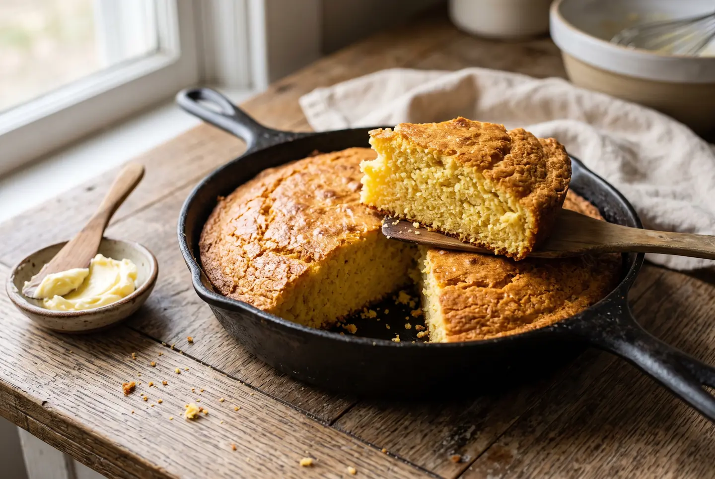 A golden cornbread in a black cast iron skillet on a wooden counter, one wedge lifted out to show the tender yellow crumb, with a small dish of butter beside it in soft window light