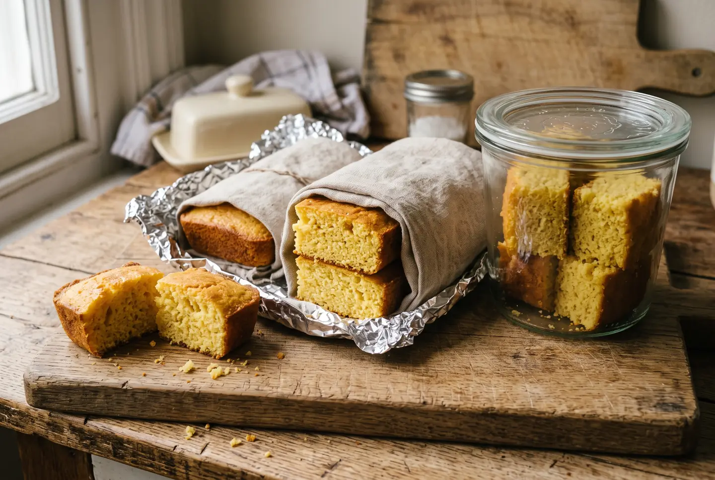 Golden squares of cornbread wrapped in a linen cloth and foil on a wooden table, a glass jar beside them holding more pieces, and two cut squares showing a moist yellow crumb by a bright window