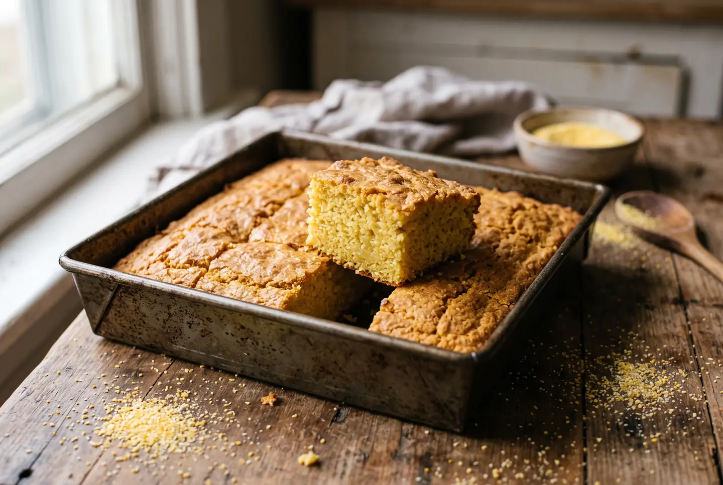 A metal pan of golden cornbread cut into squares, one square lifted to reveal a soft, moist yellow crumb, coarse cornmeal scattered on the wooden table in window light