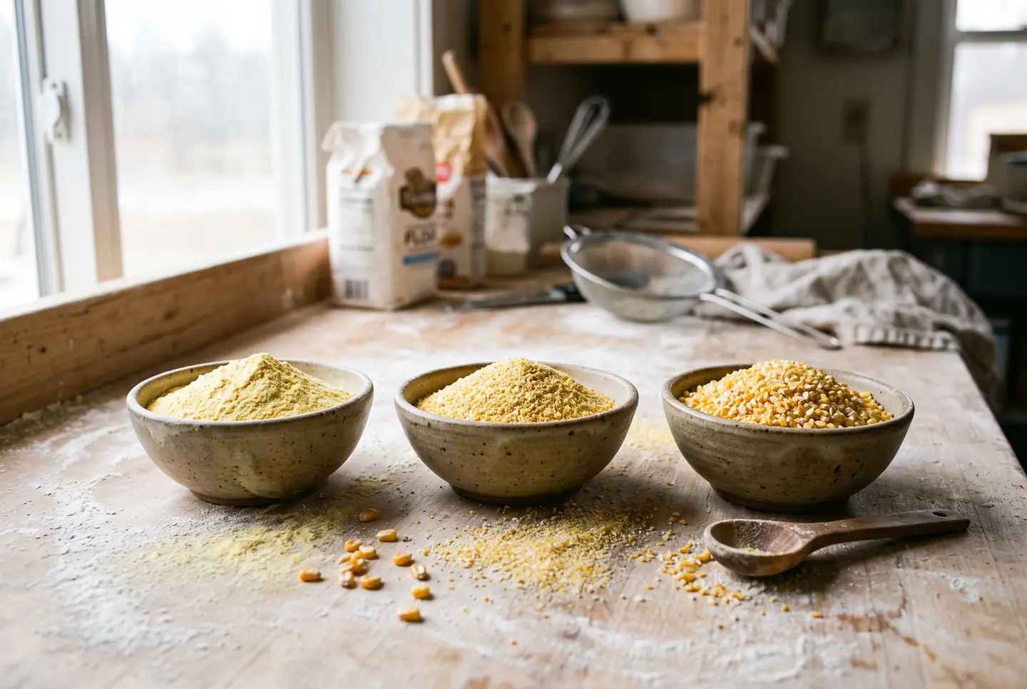 Three ceramic bowls of cornmeal at different grinds on a floured wooden counter, from fine and pale on the left to coarse and grainy on the right, under soft window light