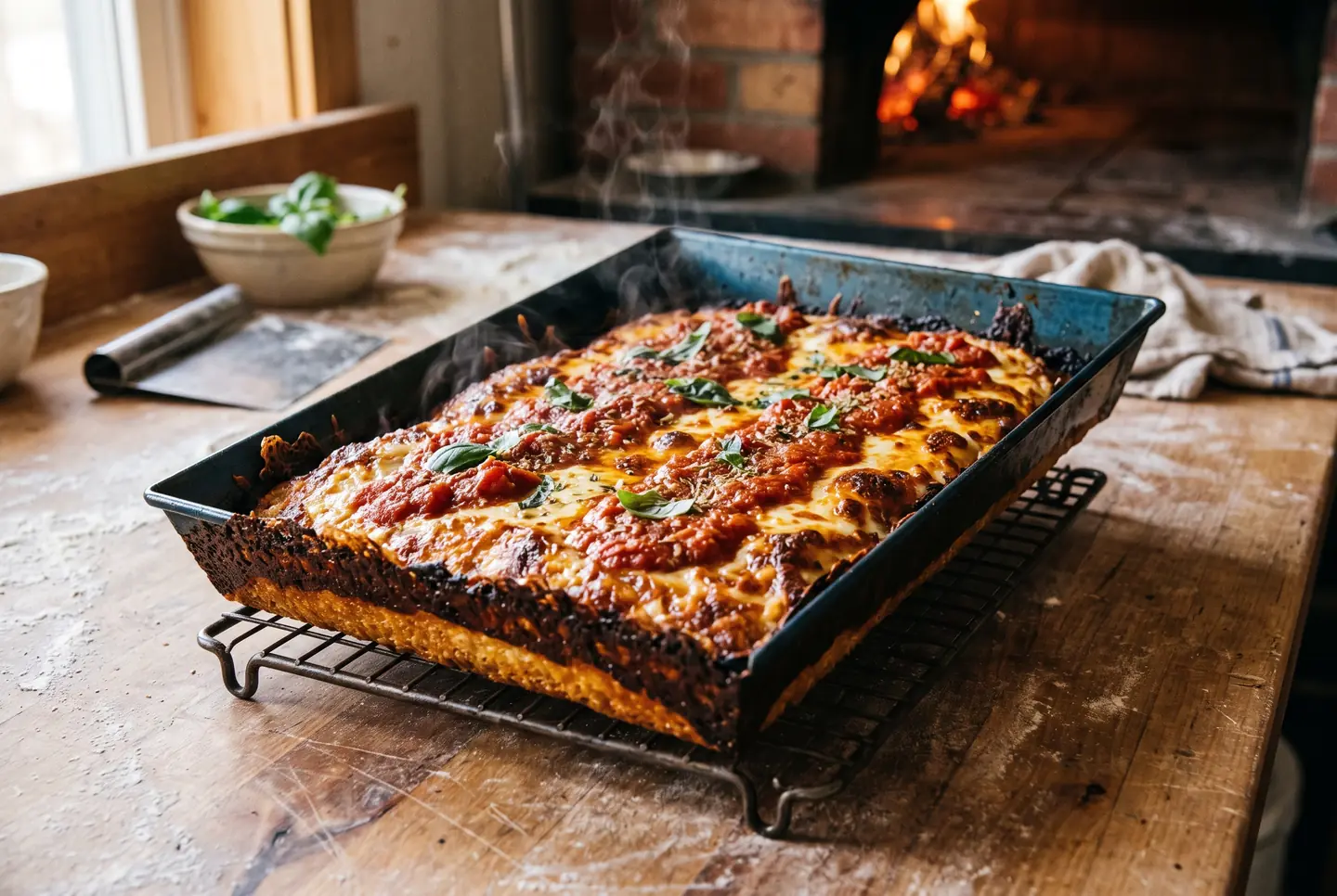 A blue steel pan fresh from the oven on a cooling rack, still giving off steam, showing the golden, crisp base along the side and a deeply browned cheese edge.