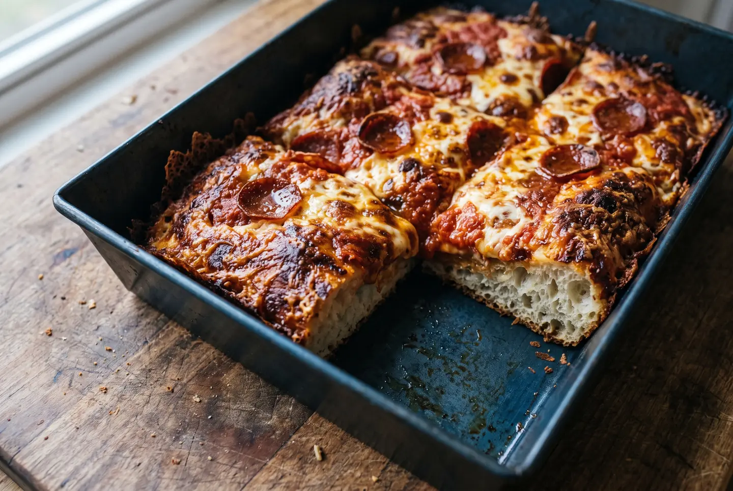 A rectangular pan pizza with a deep golden, lacy caramelized cheese border crisped against the dark steel pan, topped with bubbling browned cheese and pepperoni, one corner cut to show the airy crumb, in soft window light.