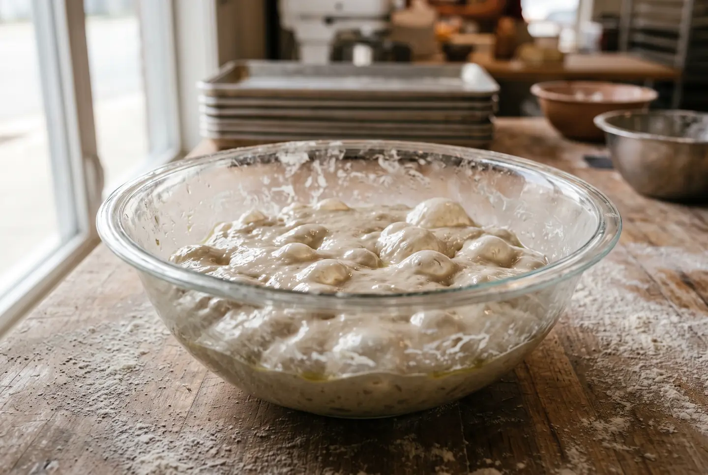 A wet, slack dough full of air bubbles resting in a clear glass bowl on a floured wooden counter, with soft window light from the side.