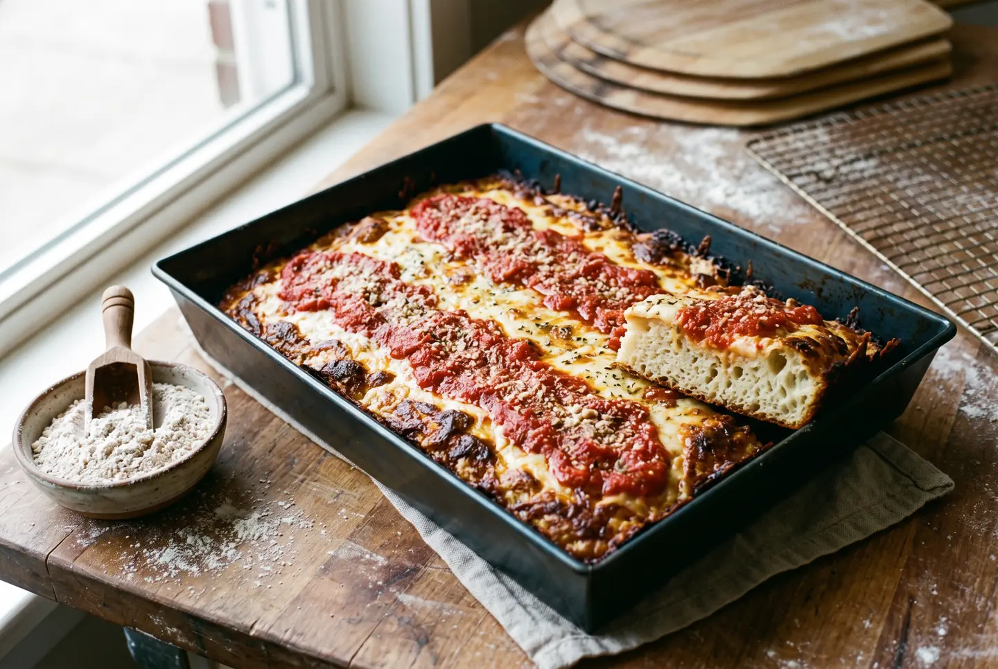 A rectangular pan pizza with stripes of tomato sauce and a cut piece showing a tighter but still tender crumb; beside it, a small bowl of pale flour with a wooden scoop.