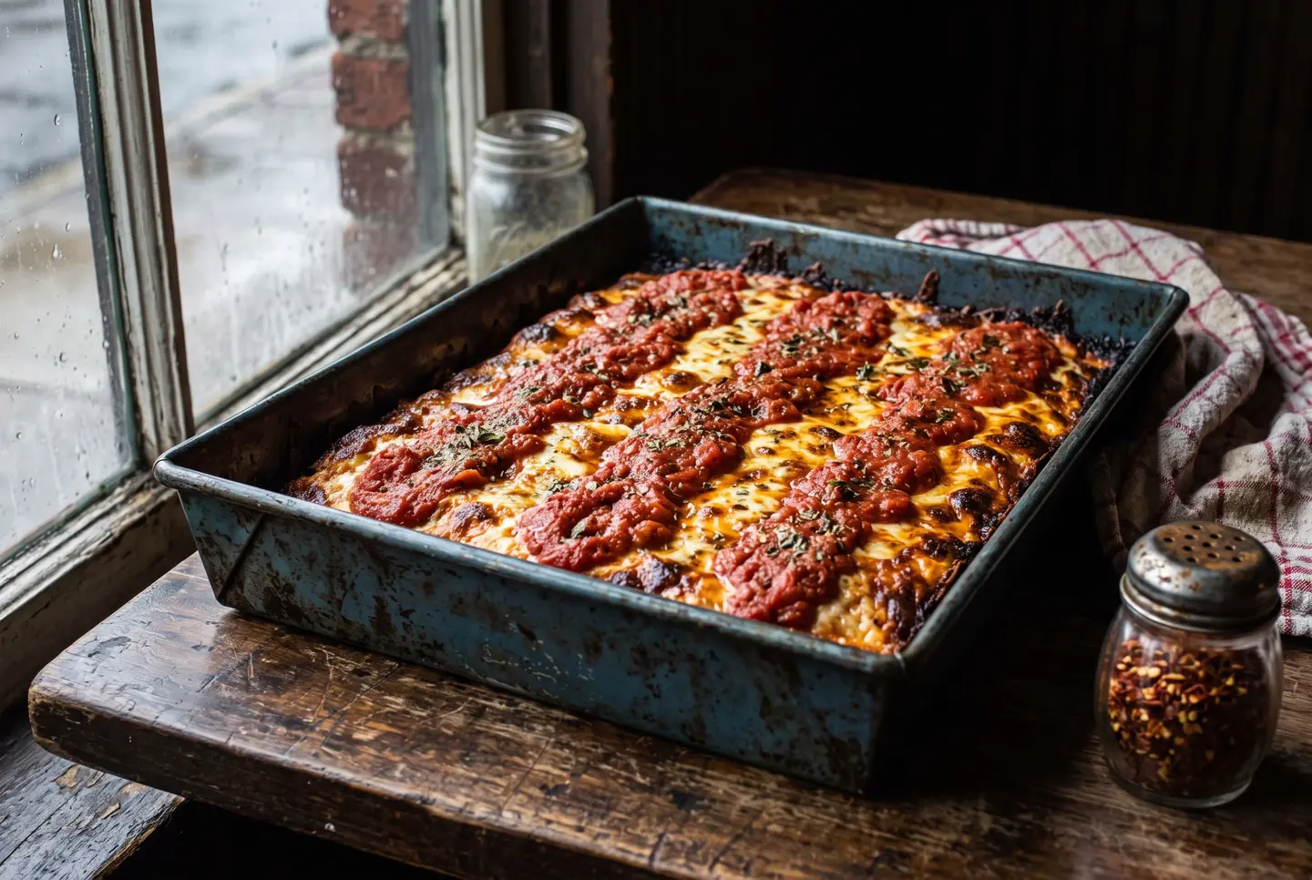A pizza in an old, well-worn blue steel industrial pan next to a vintage window, the tomato sauce laid in stripes over the cheese.
