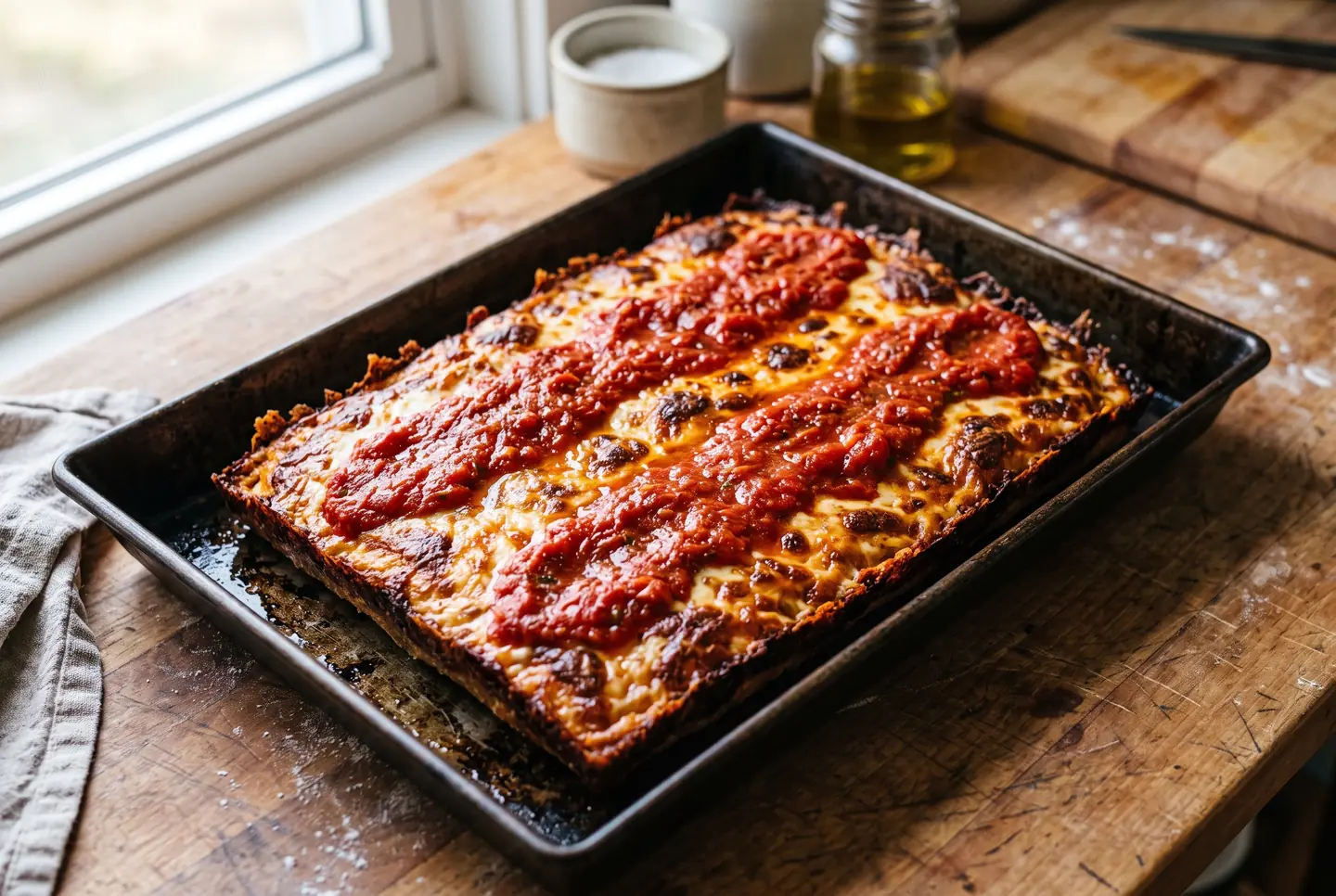 A rectangular pan pizza finished with three broad stripes of tomato sauce spooned over the melted cheese, its edges caramelized crisp against the dark steel pan, resting on a wooden counter in window light.