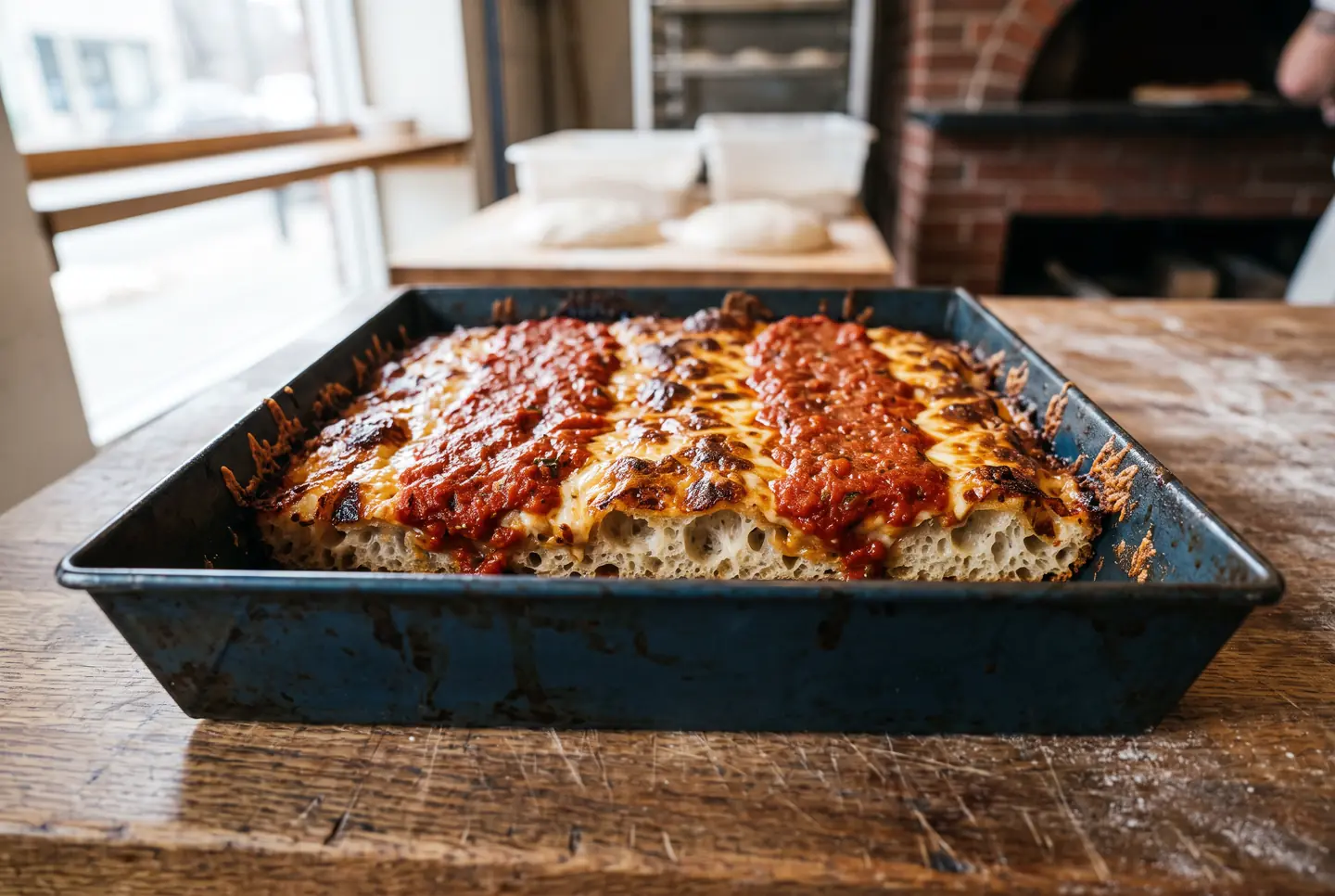 A dark rectangular steel pan with the baked pizza inside, caramelized cheese climbing the straight walls and stripes of red sauce spooned on top.