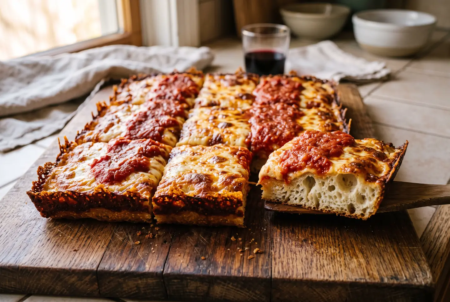 A finished pizza cut into thick squares on a wooden board, with crisp cheese edges, stripes of red sauce and an open, airy crumb on show.