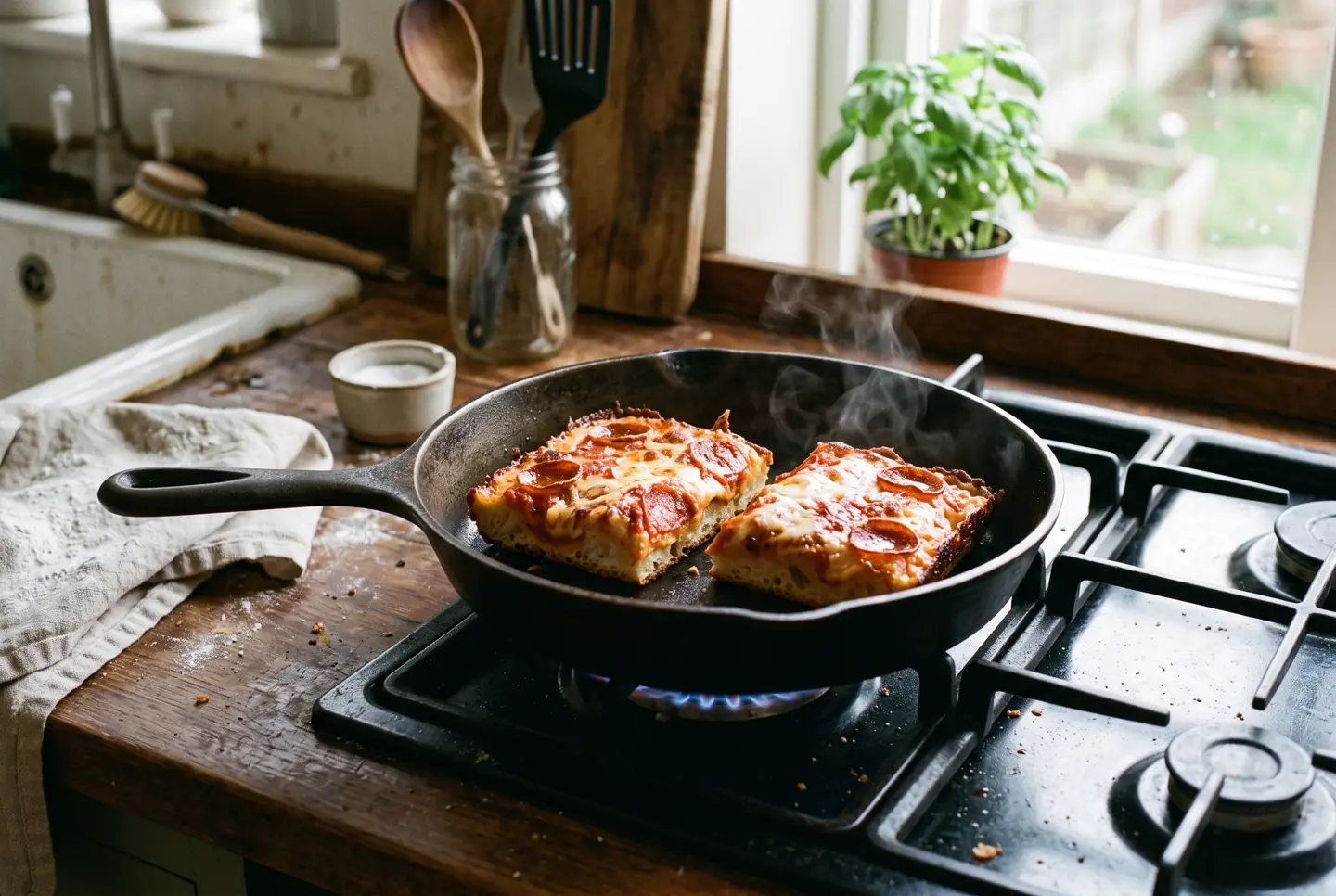 Two leftover slices warming in a cast-iron skillet over a low stove flame, the cheese melting again and a little steam rising.