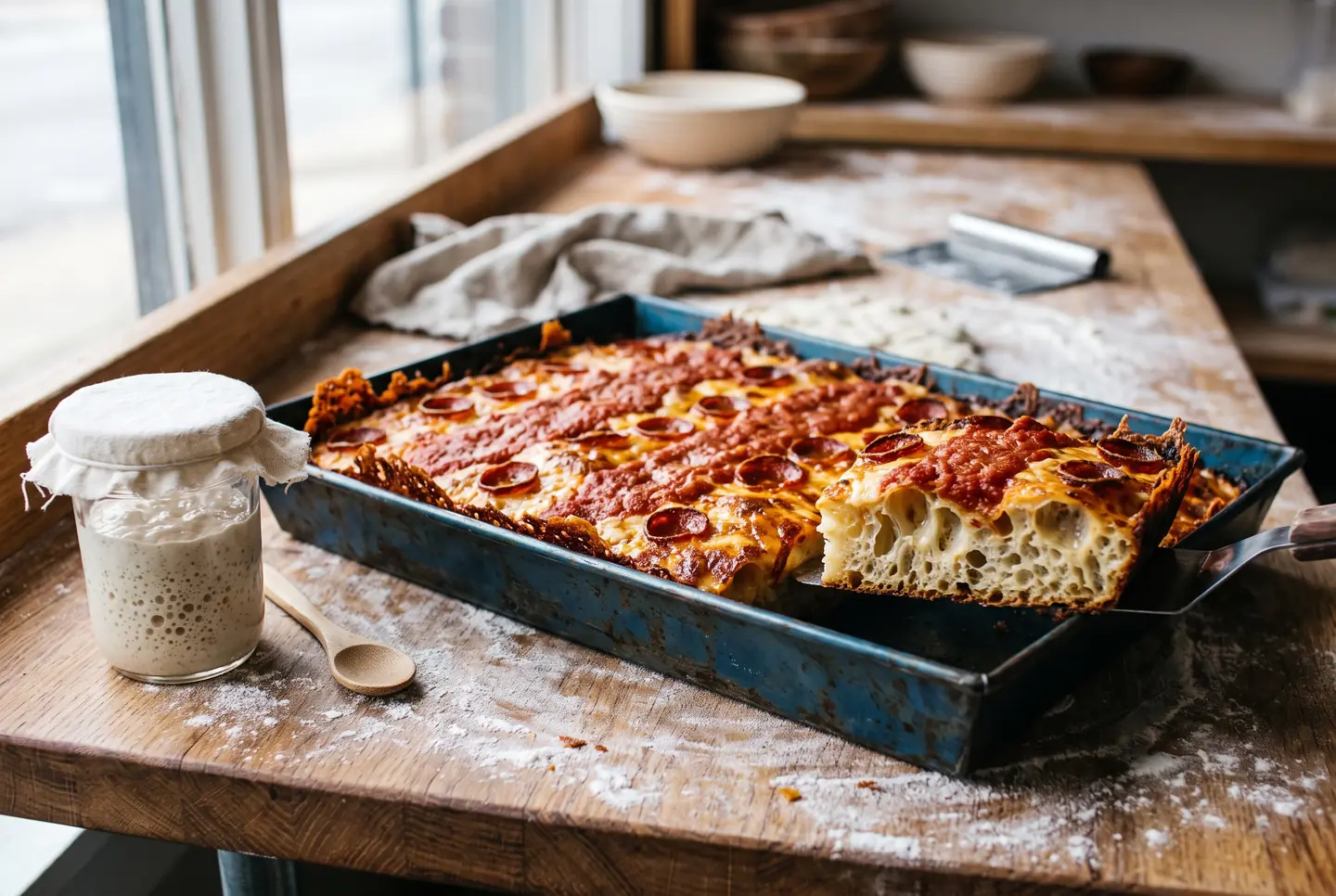 A blue steel pan holding the whole pizza with one corner slice pulled out, revealing a very open, glossy crumb; beside it a glass jar of bubbling natural starter sits on the floured bench.