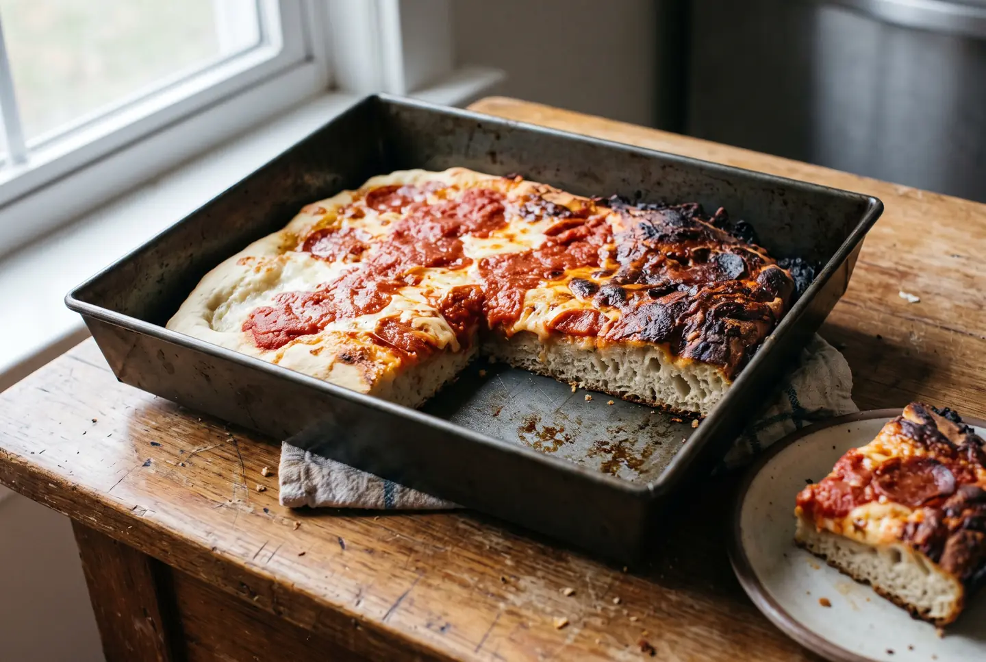 A failed pan pizza: one pale, undercooked corner with no cheese crust, the opposite corner burnt and dark, and the cut showing a dense crumb; bare metal shows where the dough did not reach.