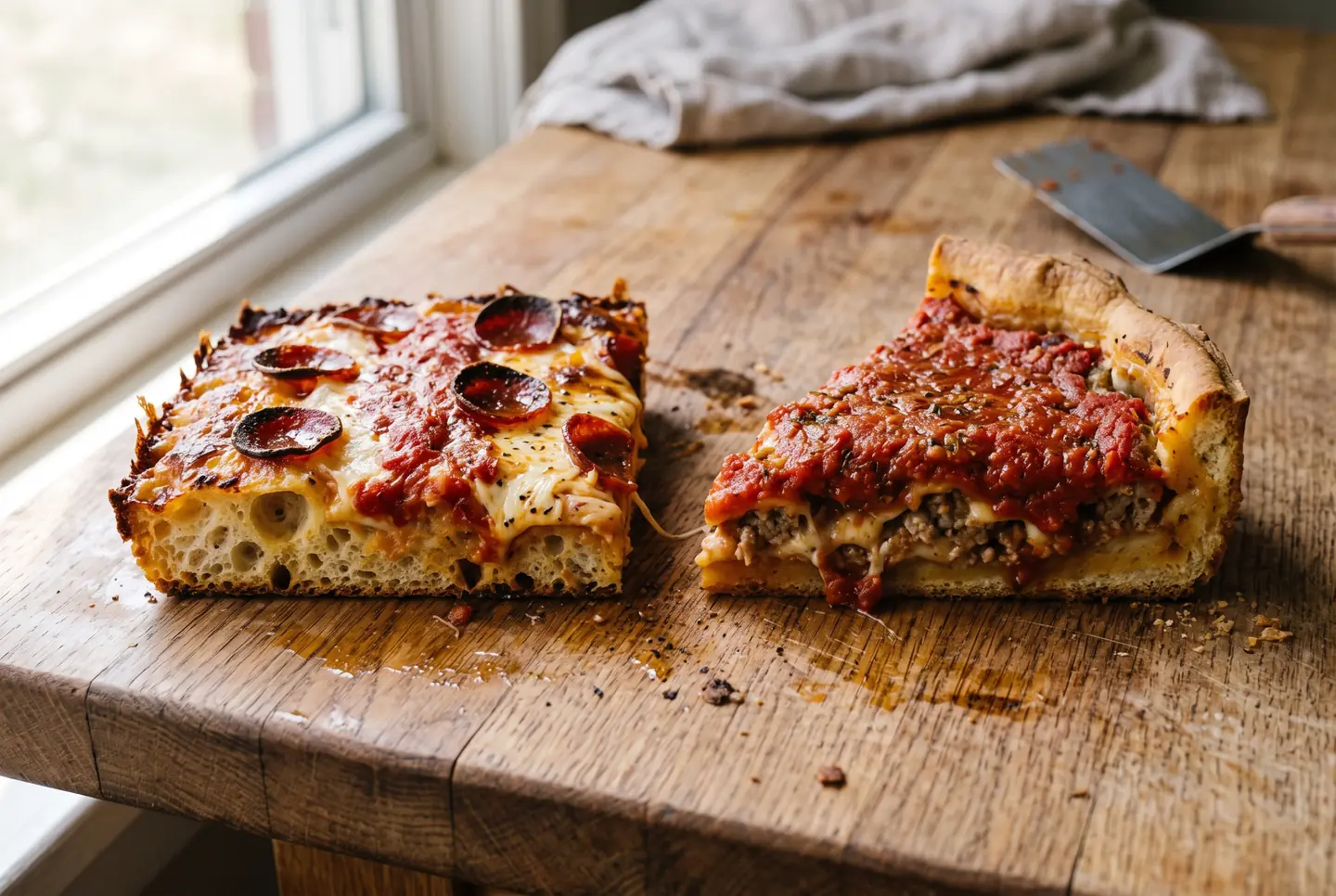 Two slices side by side on a wooden bench: on the left a rectangular piece with a toasted cheese edge and an airy, holey crumb; on the right a tall round wedge, like a pie, with thick tomato sauce over the top.
