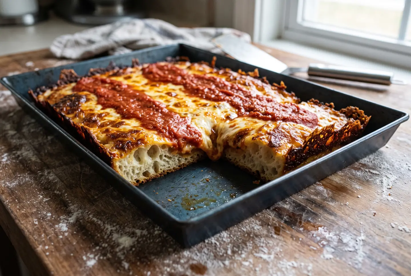 A rectangular pizza baked in a dark steel pan, its cheese edge gone dark and lacy against the metal, stripes of red tomato sauce laid over the top and a cut piece showing the airy, open crumb