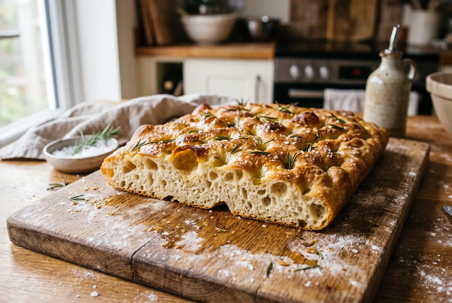 Golden rectangular flatbread on a floured wooden board, its top covered in glossy oil-filled dimples, flakes of coarse salt and sprigs of rosemary; the cut side reveals a tall, open, airy crumb