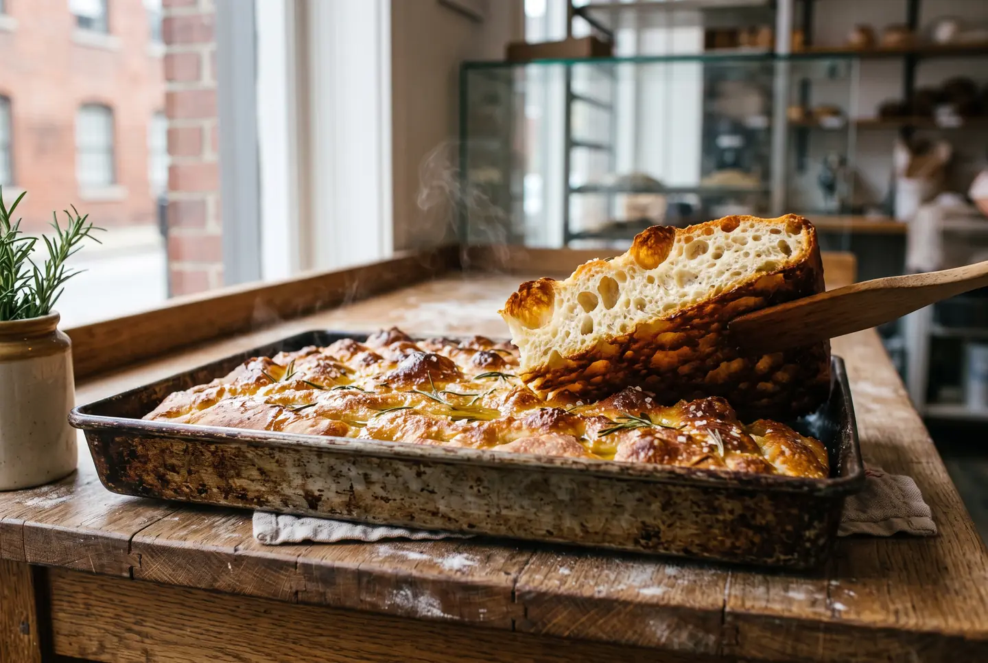 A whole freshly baked focaccia in a well-used metal pan on a wooden table by a window, its dimpled top golden and glossy with olive oil, coarse salt and rosemary, steam still rising; one thick slice is lifted on a wooden peel to show the crisp crust and open crumb.