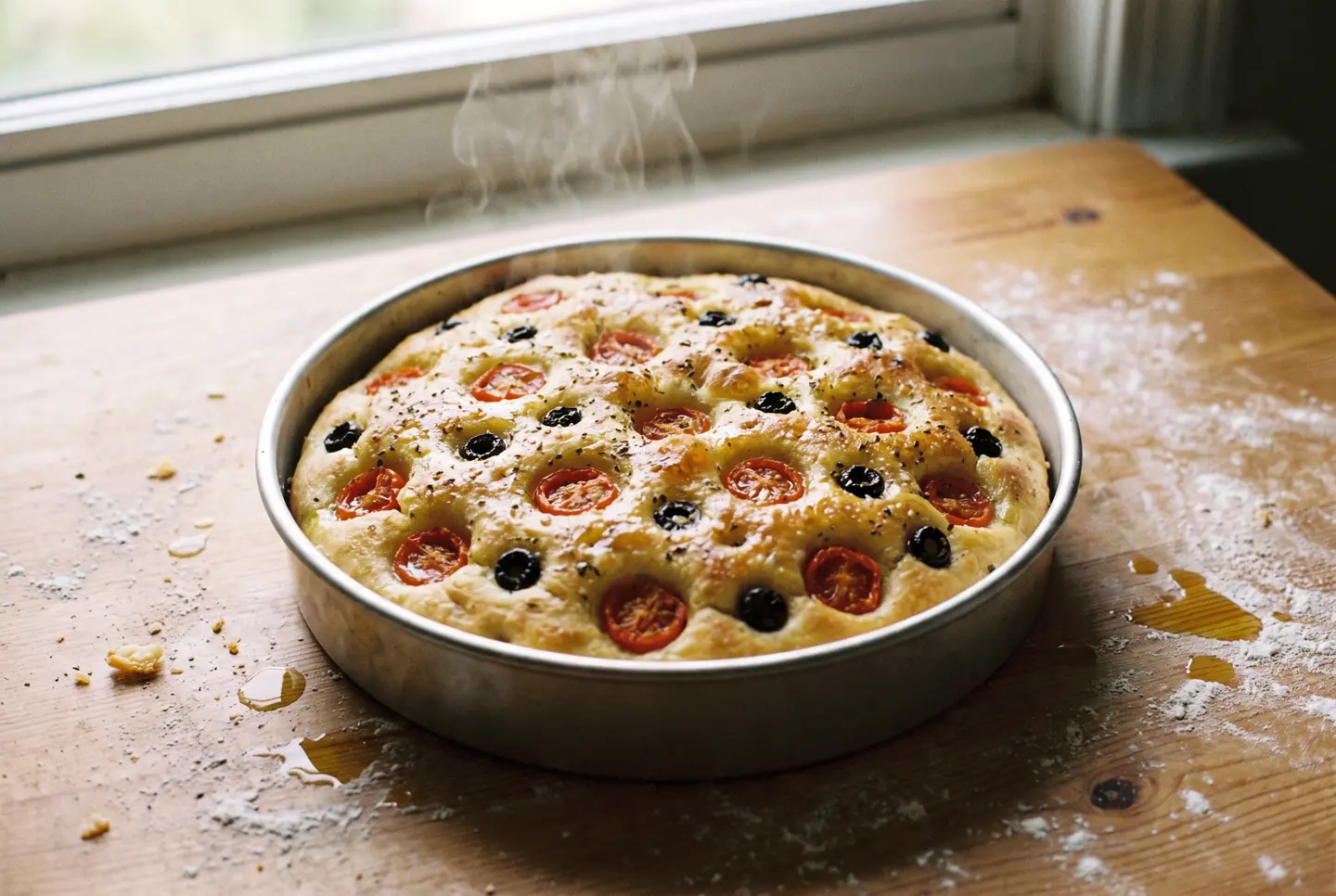 A thick, soft focaccia barese in a round metal tin, its golden dimpled top studded with halved cherry tomatoes and black olives, glossy with olive oil and flecked with oregano.