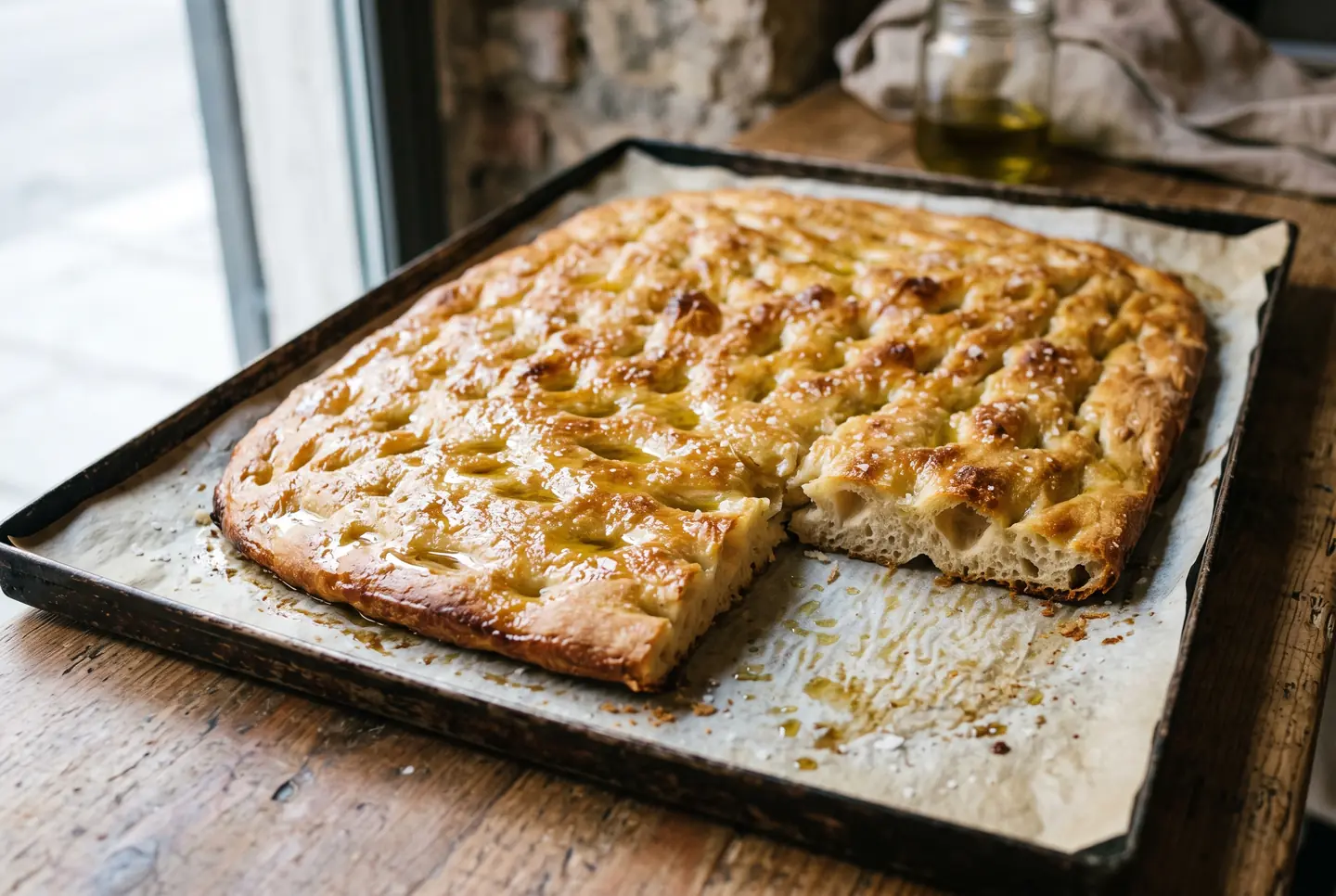 A thin golden focaccia genovese on a parchment-lined tray, glossy with olive oil and dimpled all over, coarse salt flakes on top, one section pulled away to show a thin, tender crumb.