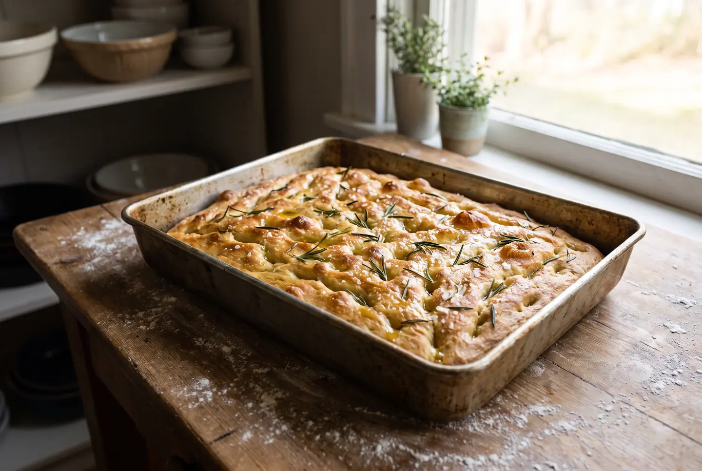 A golden gluten-free focaccia in a pan, dimpled and topped with rosemary, the surface glossy with olive oil.