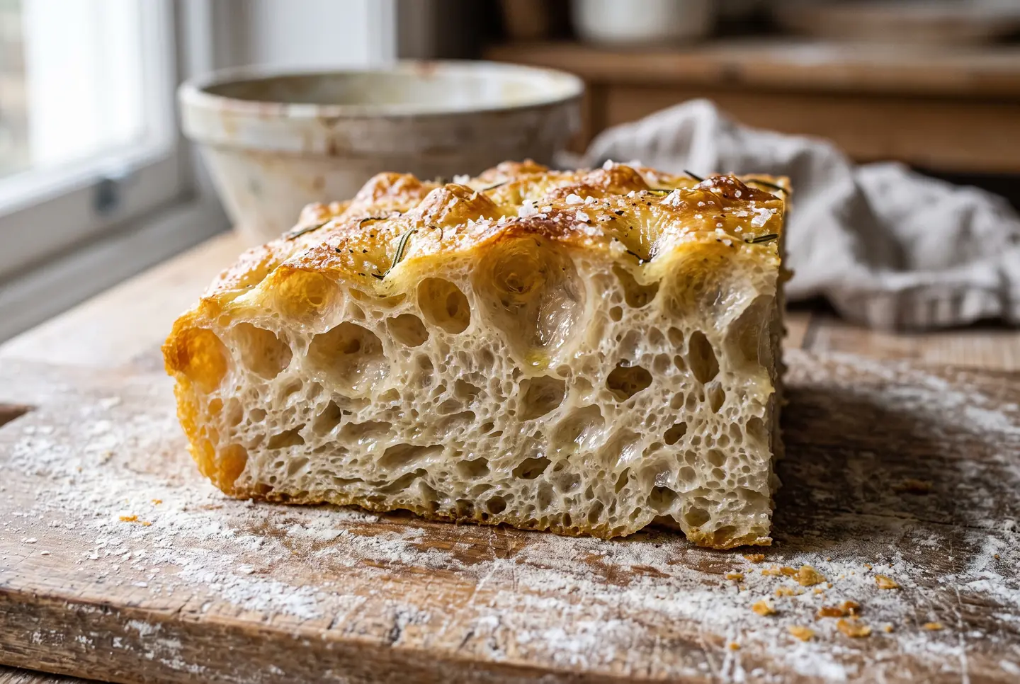 A cut piece of focaccia standing on a floured board, its cross-section showing a tall, open crumb full of large irregular holes, the golden top glossy with olive oil and coarse salt.