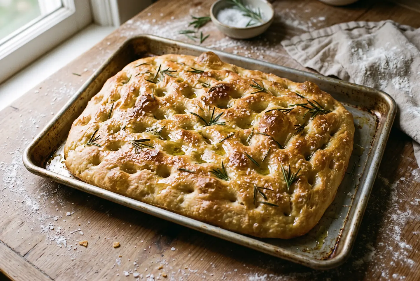 A whole golden focaccia in a metal baking pan on a floured wooden table by a window, its surface covered in oil-filled dimples, flakes of coarse salt and sprigs of rosemary.