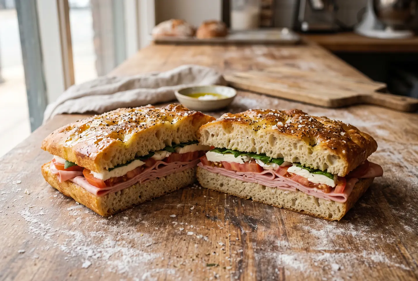 A square of golden focaccia split and filled with mortadella, tomato, fresh mozzarella and basil, cut in half on a floured wooden table so the cross-section shows an even crumb holding the filling; a small bowl of olive oil sits behind it in soft window light.