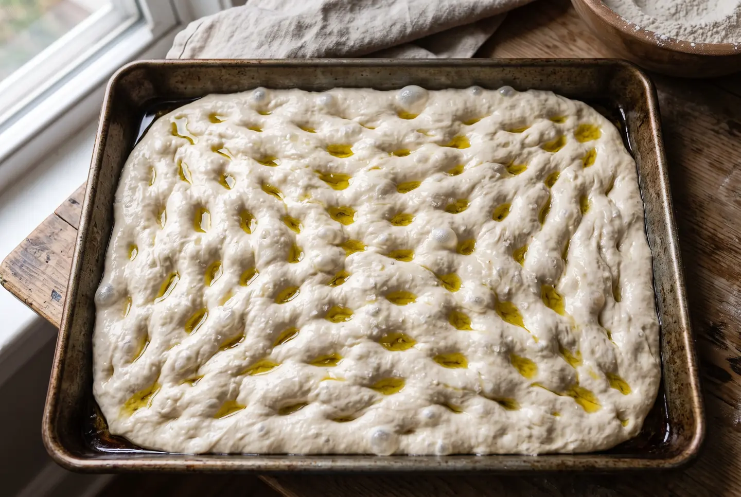 Raw proofed focaccia dough in an oiled baking pan seen from above, its surface pressed into a grid of deep wells with olive oil pooling in each dimple, just before the bake.