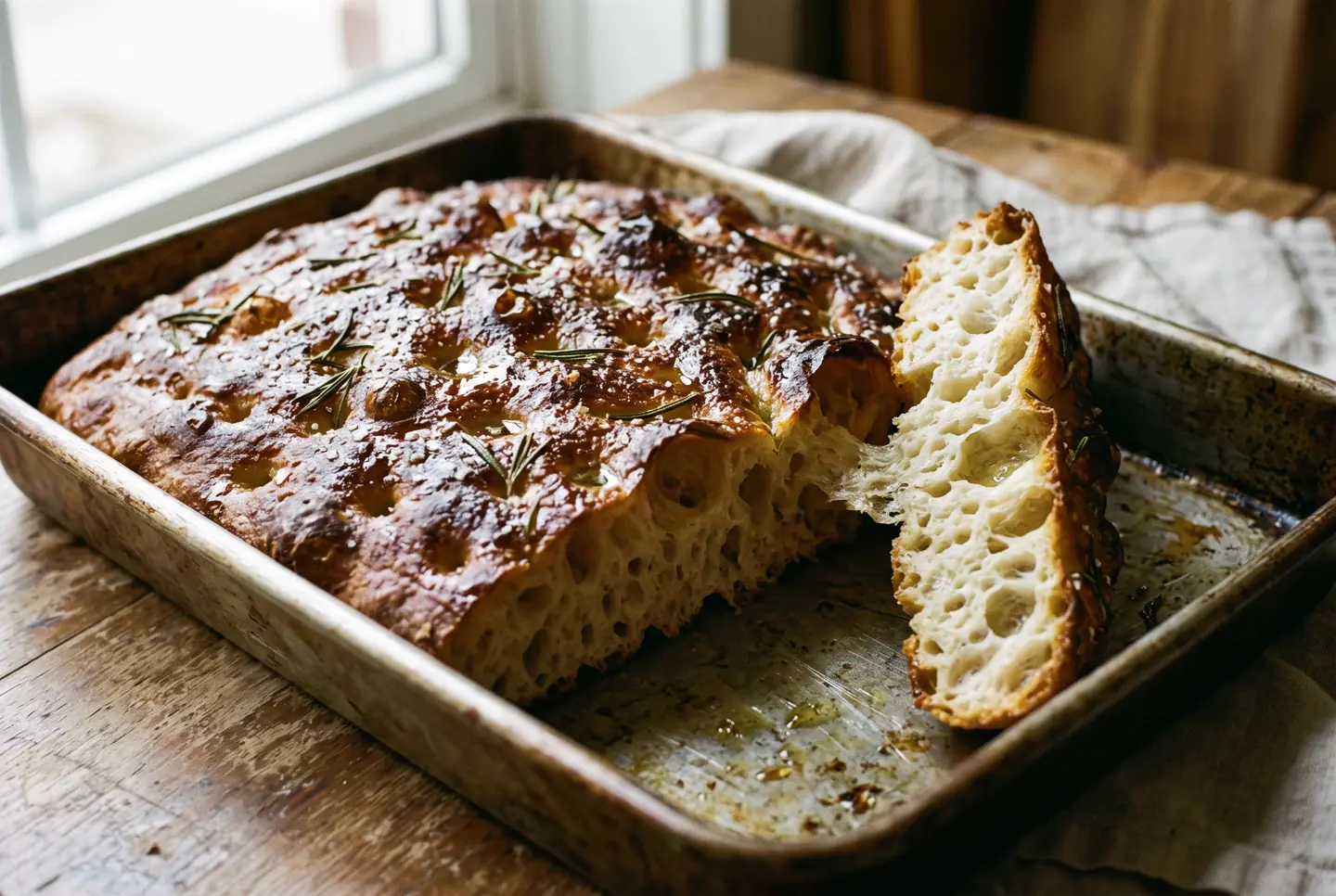 A high-hydration sourdough focaccia in a pan, deeply dimpled and golden, with a bubbly open crumb visible at a torn edge.