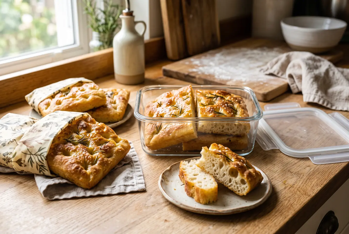Golden squares of rosemary focaccia, some wrapped in beeswax cloth and others in a glass container with its lid beside it, plus cut slices on a small plate by the window.