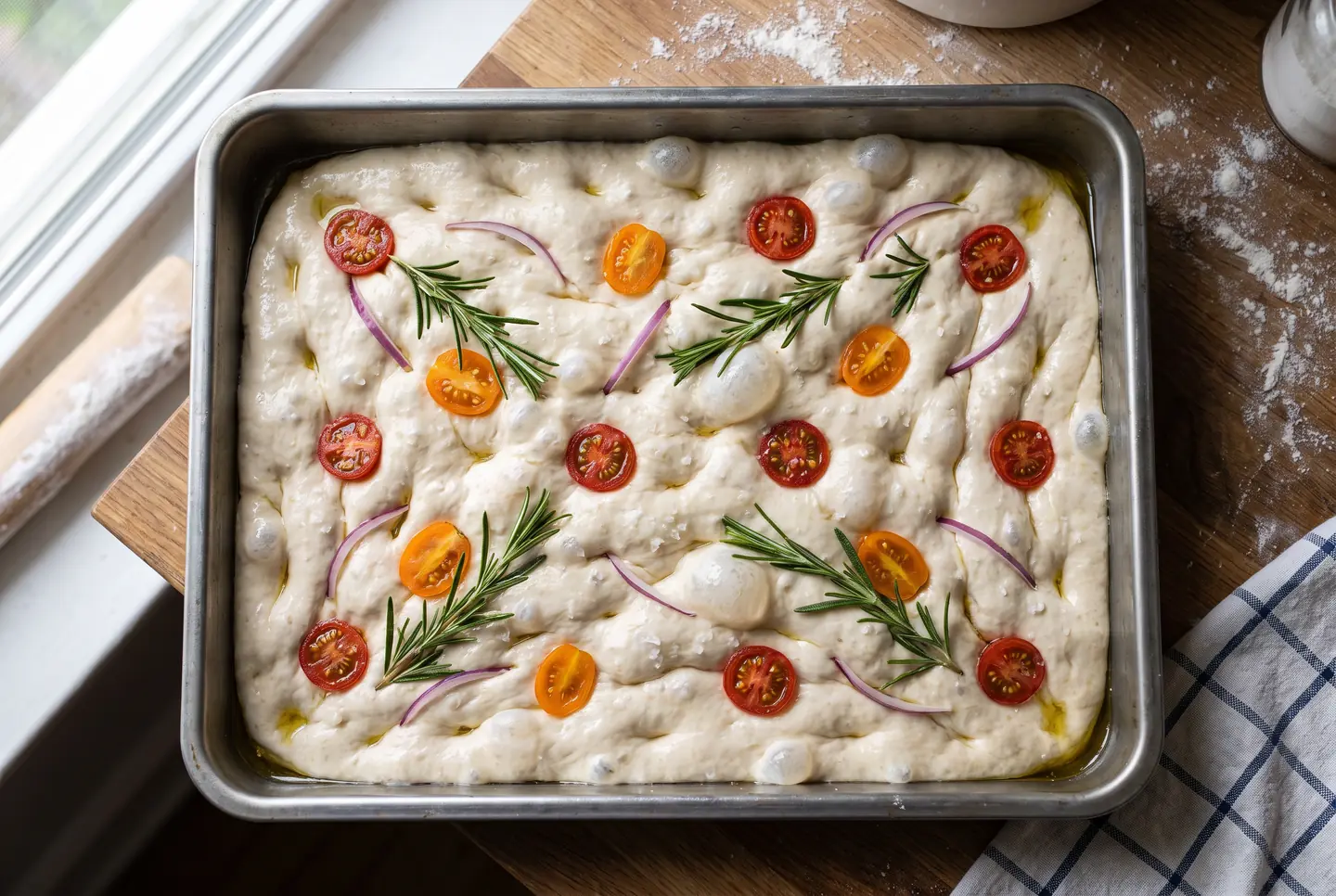 A dimpled focaccia topped with rosemary sprigs, halved cherry tomatoes and thin onion, glossy with olive oil before baking.