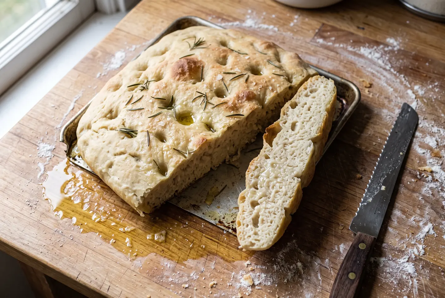 A pale, under-browned focaccia on its baking tray, its cut slice showing a dense, damp crumb, with a puddle of olive oil pooled on the wooden board.