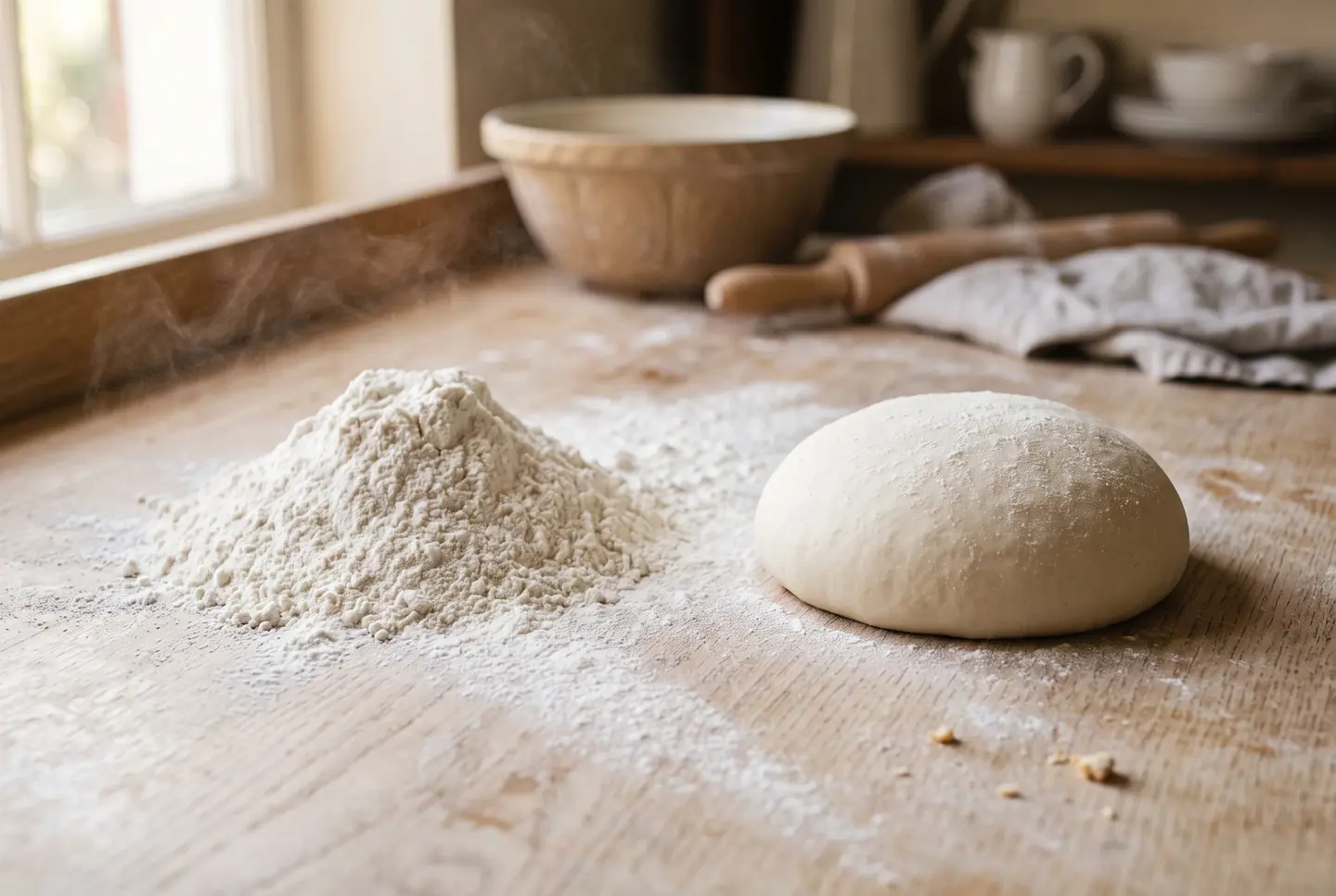 A mound of very fine white flour on a floured wooden counter beside a smooth pale ball of dough, with a mixing bowl and a rolling pin blurred in the window light behind.